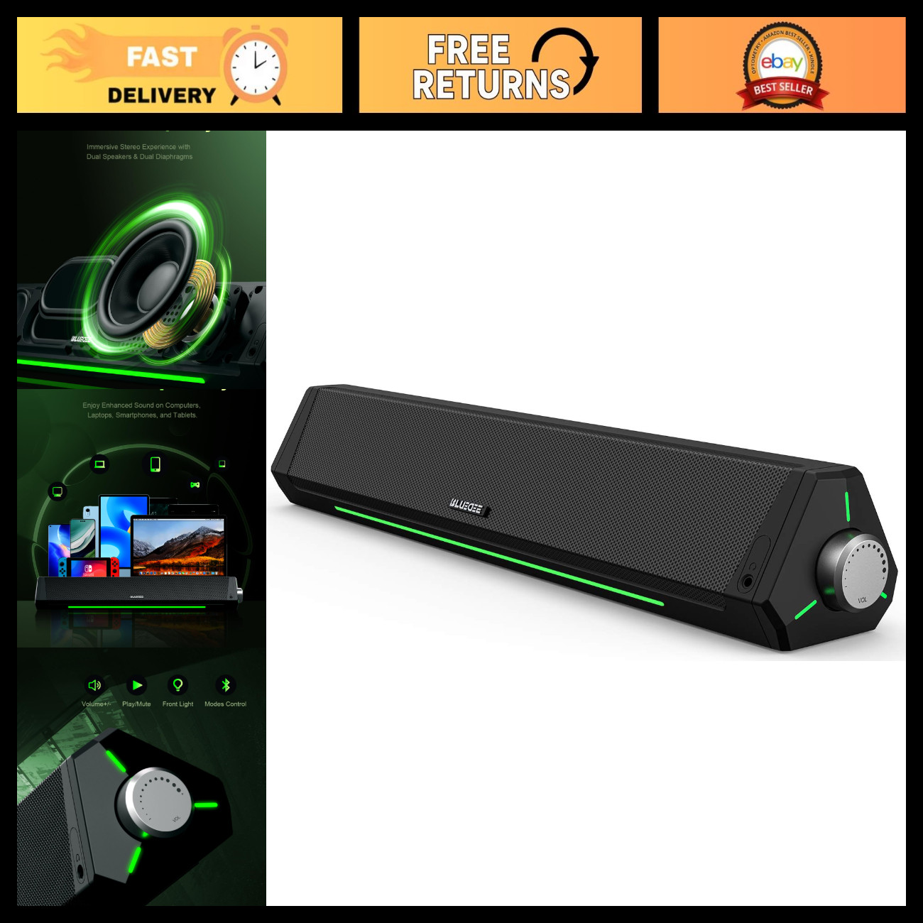 Bluetooth Computer Speakers, AUX Sound Bar for Desktop PC, High-Quality Audio