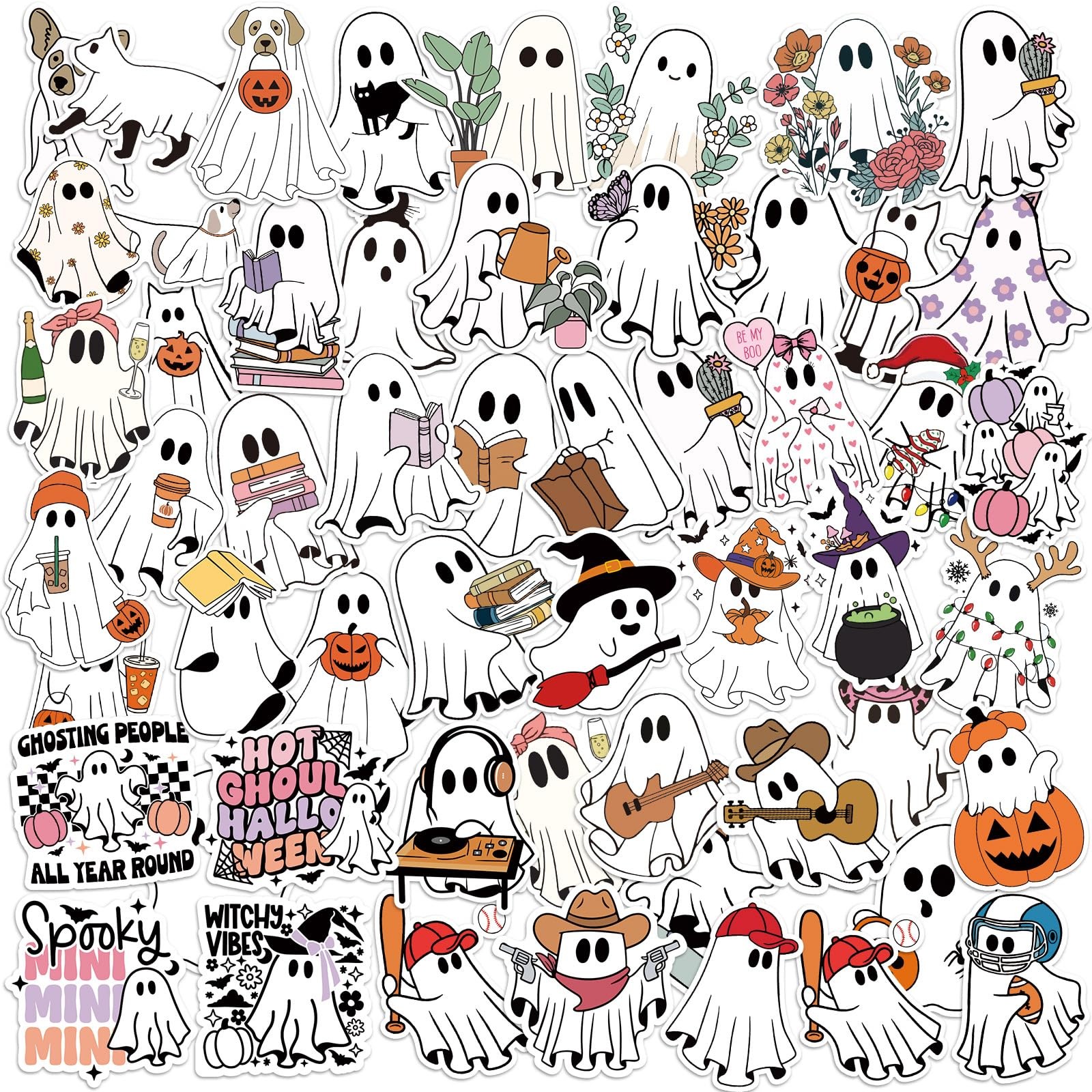 200 Pcs Halloween Ghost Themed Stickers, Cute Spooky 100 Styles, Waterproof Viny