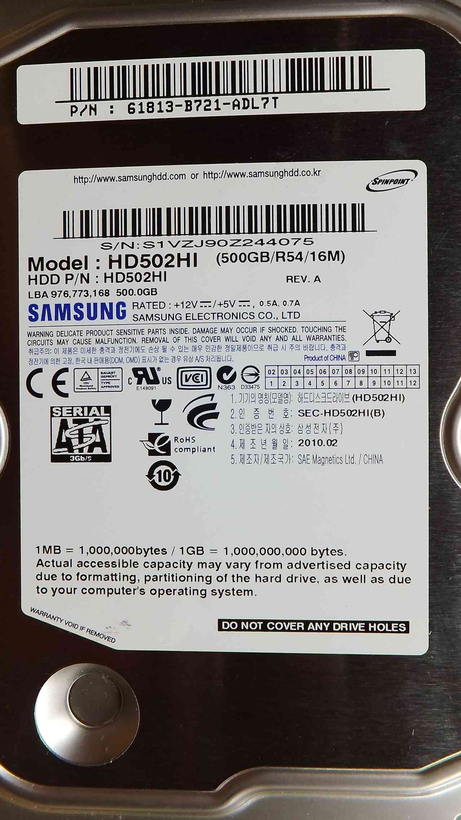 Samsung HD502HI P/N: 61813-B721-ADL7T S/N: S1VZJ90Z244075 500GB