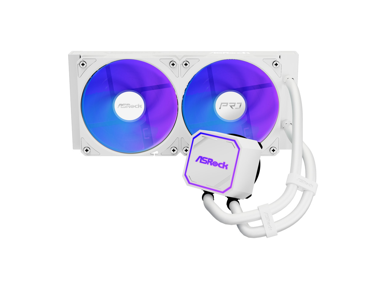 ASRock AIO Pro White 240 ARGB 27mm radiator, ARGB waterblock, ARGB Hub-lighting