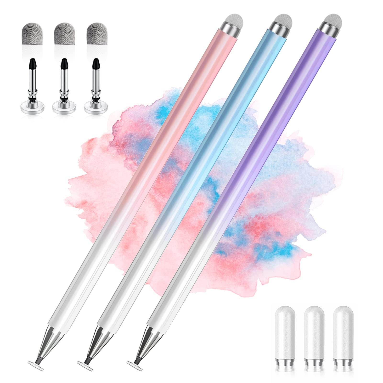 2 in 1 High Precision Stylus Pens for Touch Screens - 3 Pack (Blue, Pink, Purple