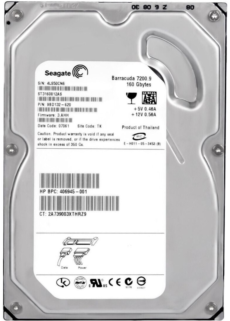 HARD DRIVE HP 406945-001 ST3160812AS 160GB 7200RPM 8MB SATA II 3.5" inch