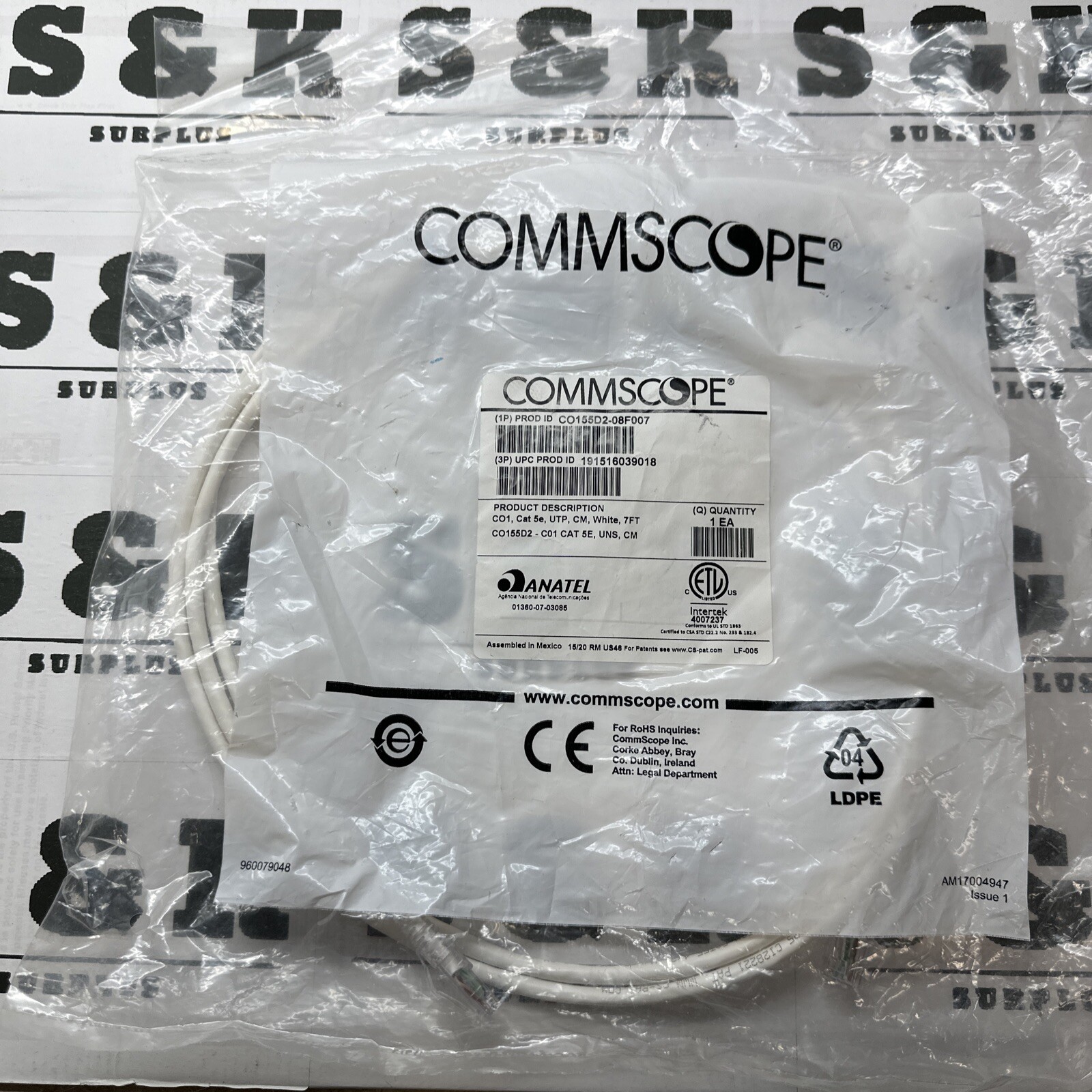 New NOS Commscope CO1 Cat 5e CAT5e UTP CM White 7ft Cable CO155D2 SKUW