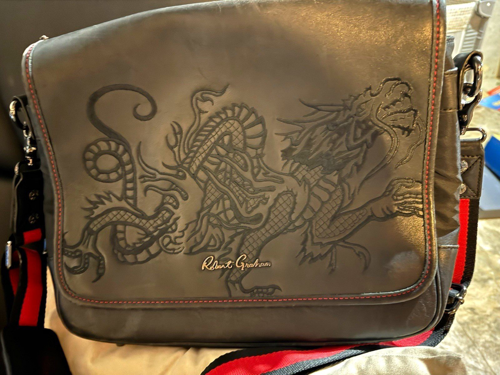 Roberto Grobman Leather Messenger Shoulder Bag 16in Laptop Black/Red Dragon