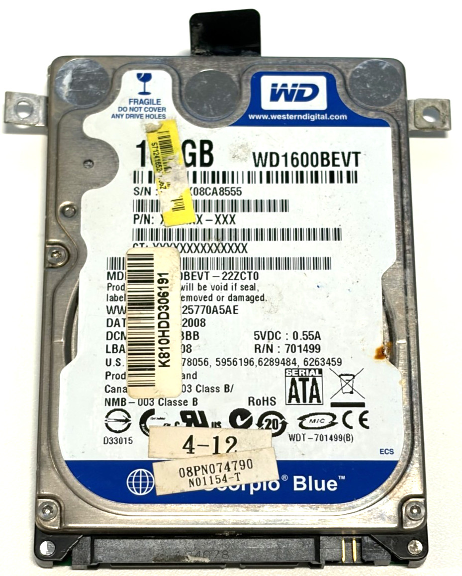 Western Digital WD1600BEVT 160GB 2.5" SATA Scorpio Blue Laptop Hard Drive