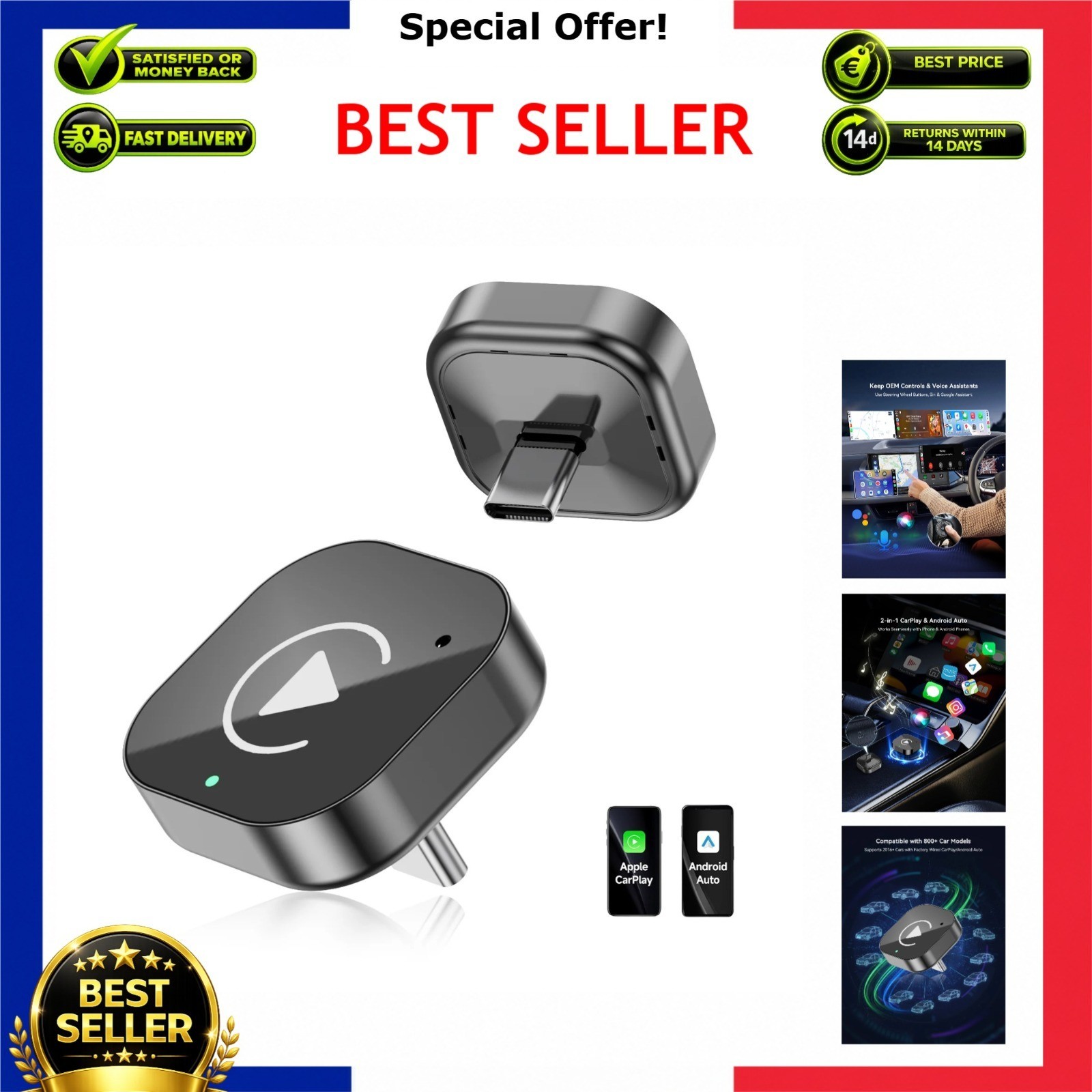 Wireless CarPlay Adapter USB-C 2 in 1 for Android Auto, Plug and Play Dongle