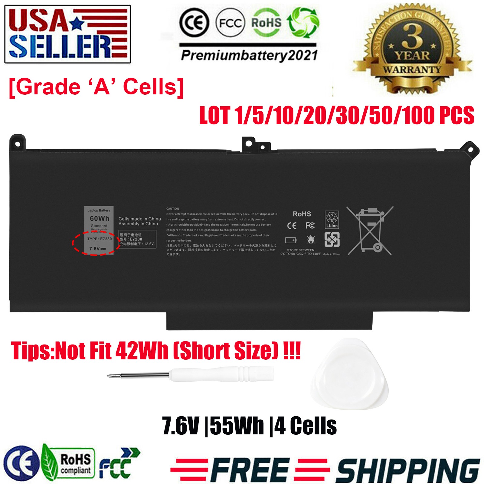 ✅LOT 1-100 F3YGT Battery For Dell Latitude E7280 E7480 7480 7490 7380 7390 60Wh