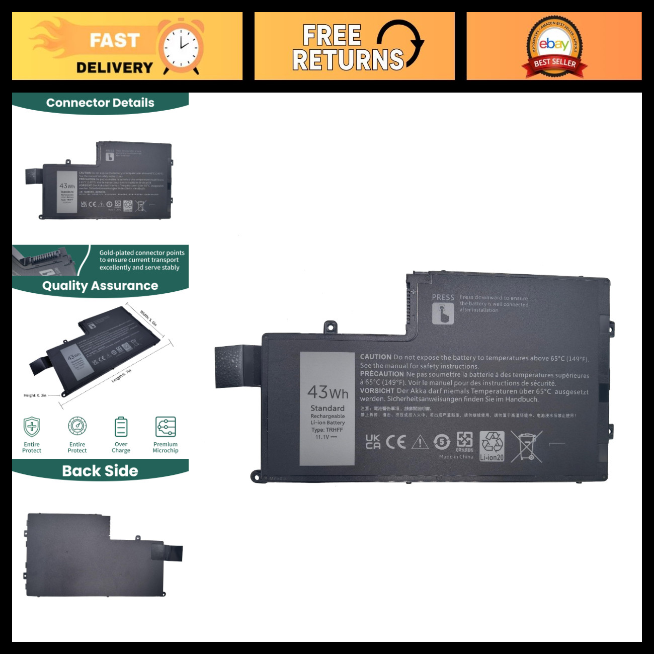 High-Capacity Laptop Battery Replacement for Dell Inspiron 5547, Latitude 14/15