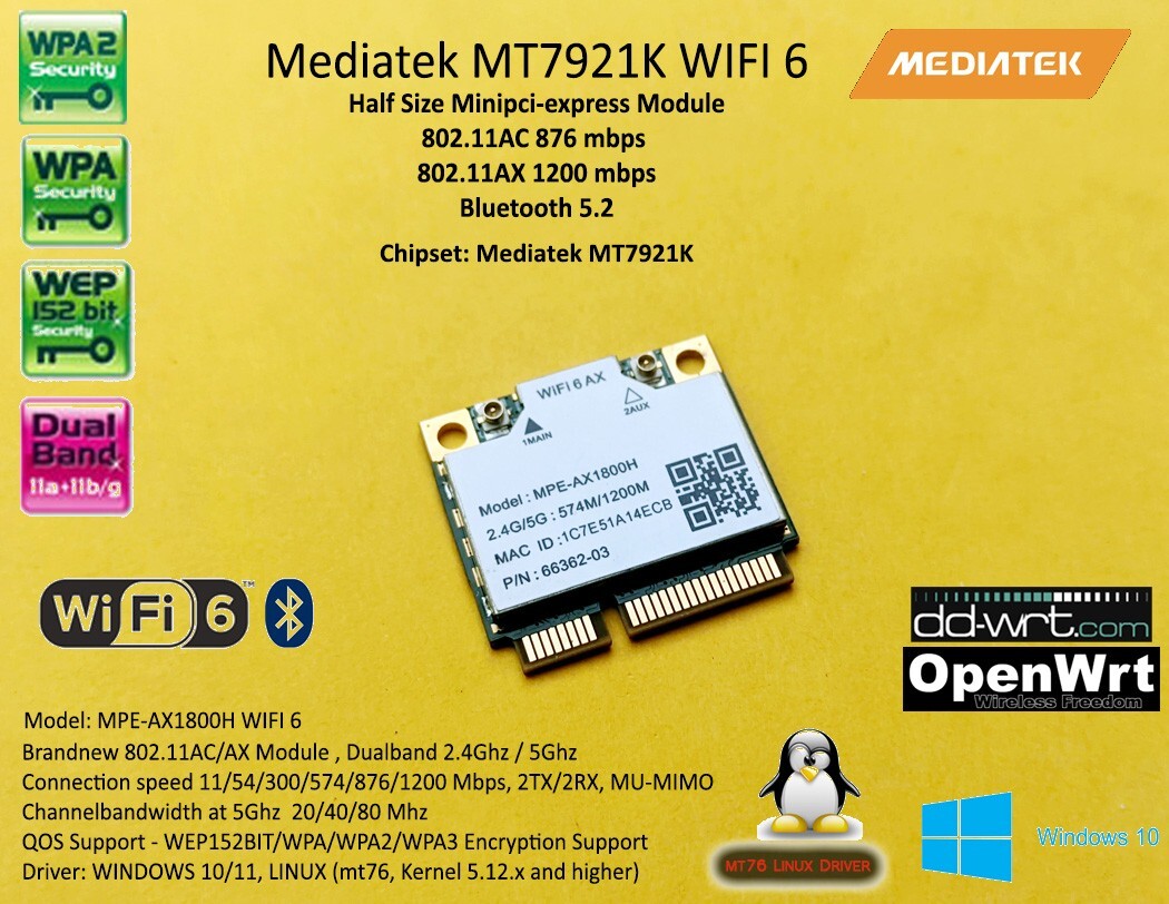 Wifi 6 Mpcie Minipci-express 802.11AC/AX WiFi + Bluetooth 5.2 MT7921 AX1800 Linux
