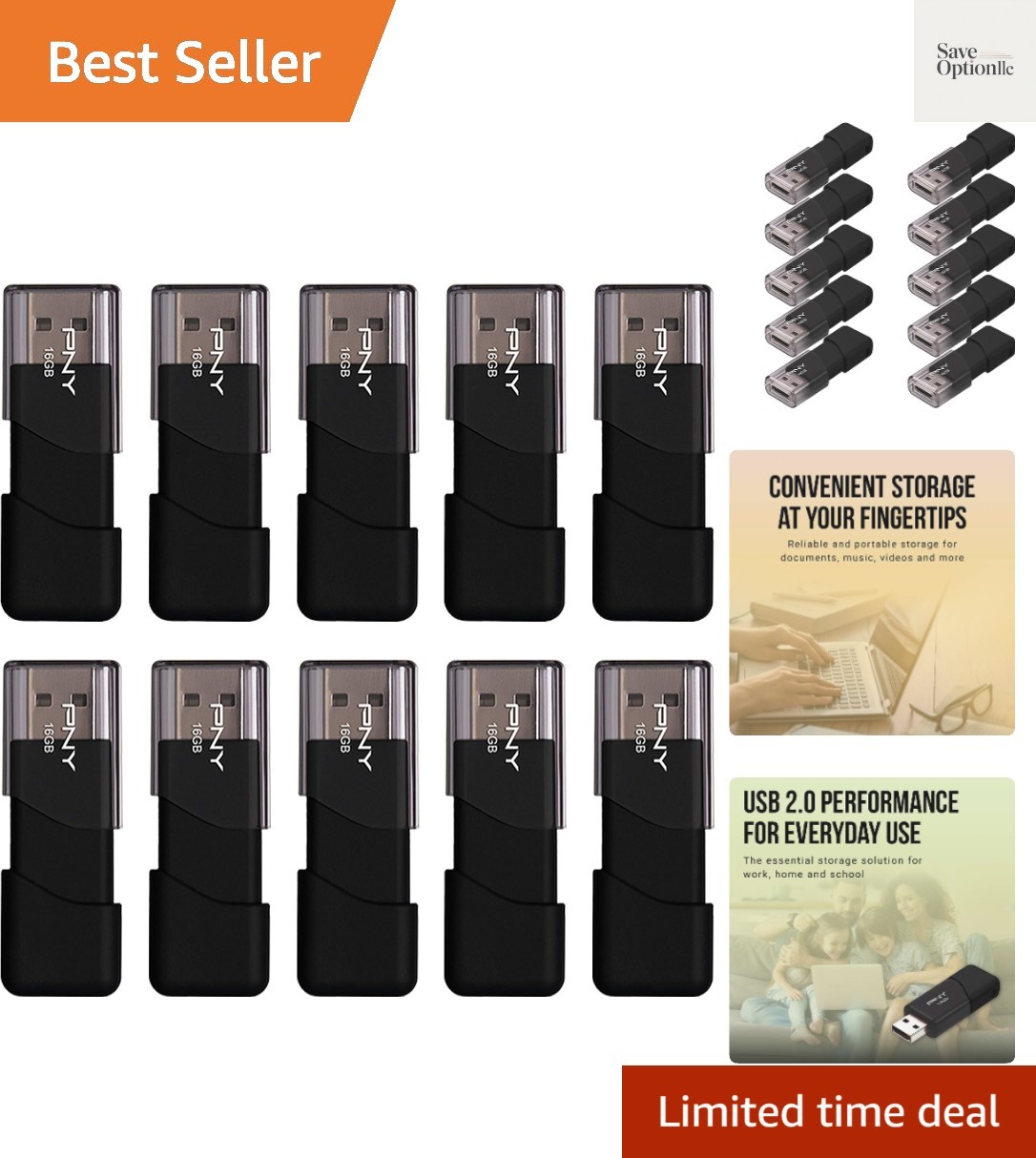 PNY 16GB Attaché 3 USB 2.0 Flash Drive, Black (Pack of 10)
