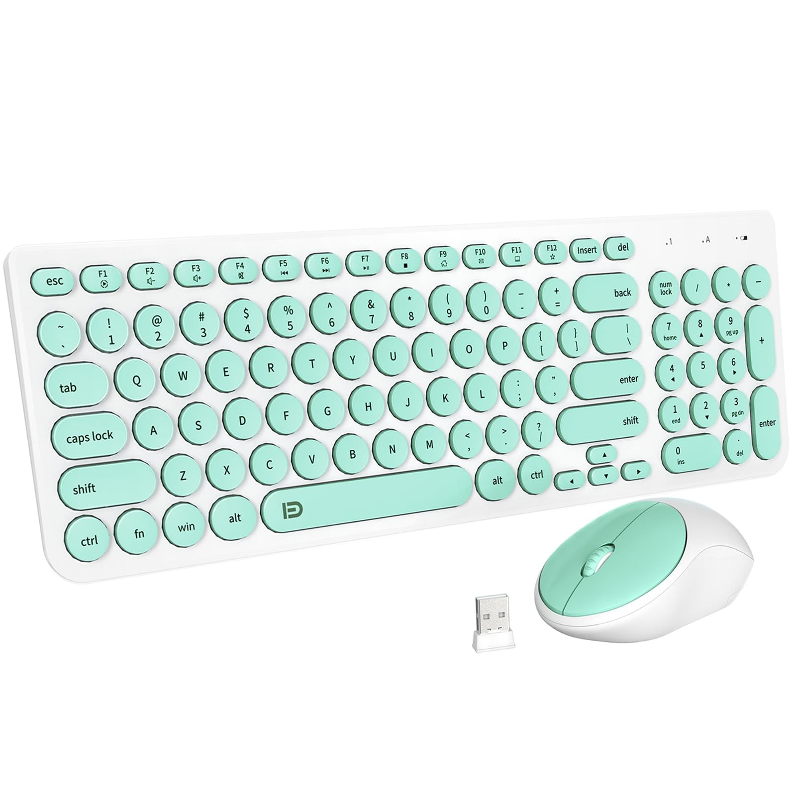 FD Wireless Keyboard and Mouse Combo - 2.4GHz USB Cordless, Cute Round Keys, Qui