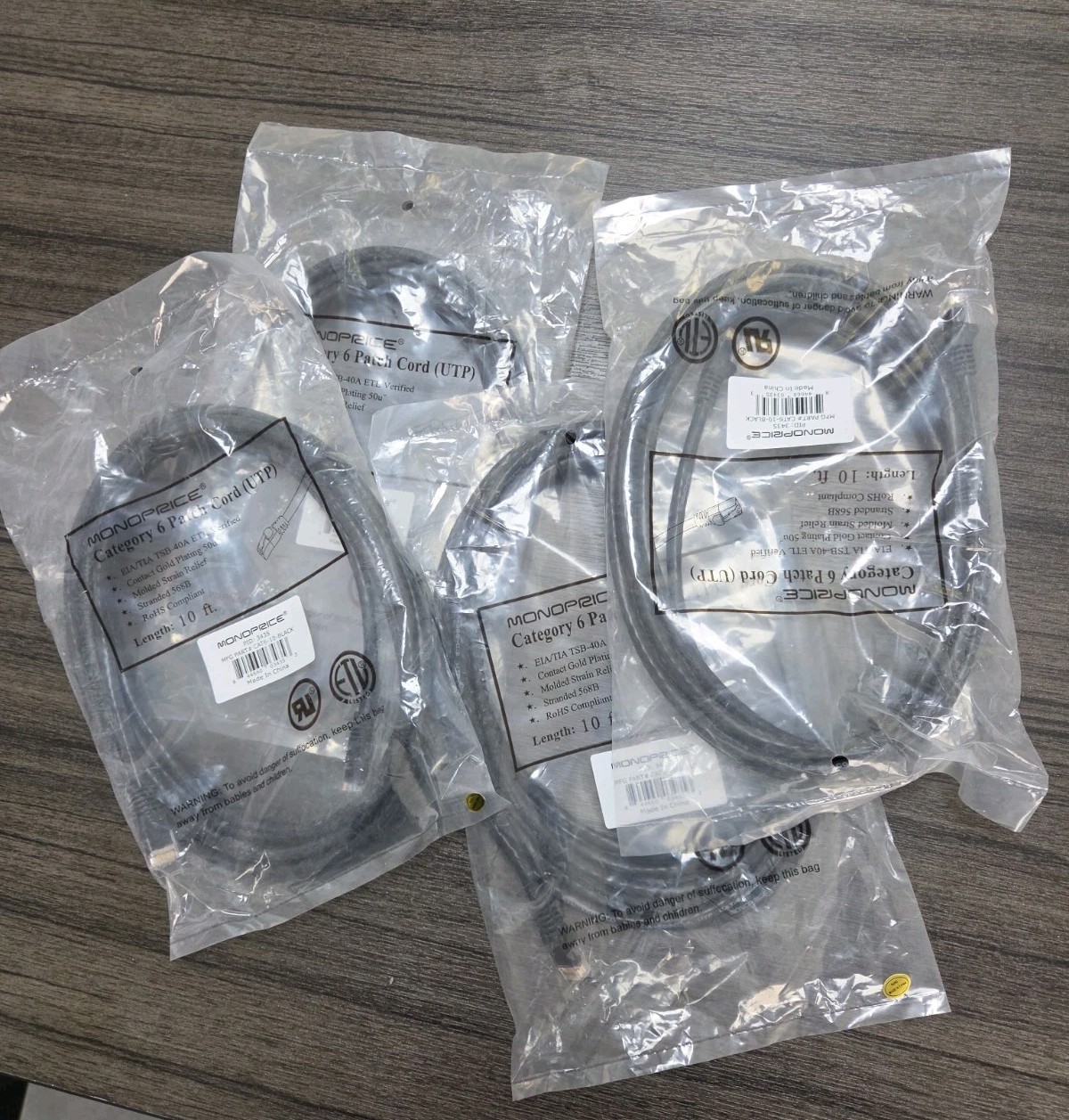 4Monoprice Patch Cord,Cat 6,Booted,Black,10 ft. 4 Cables Pack