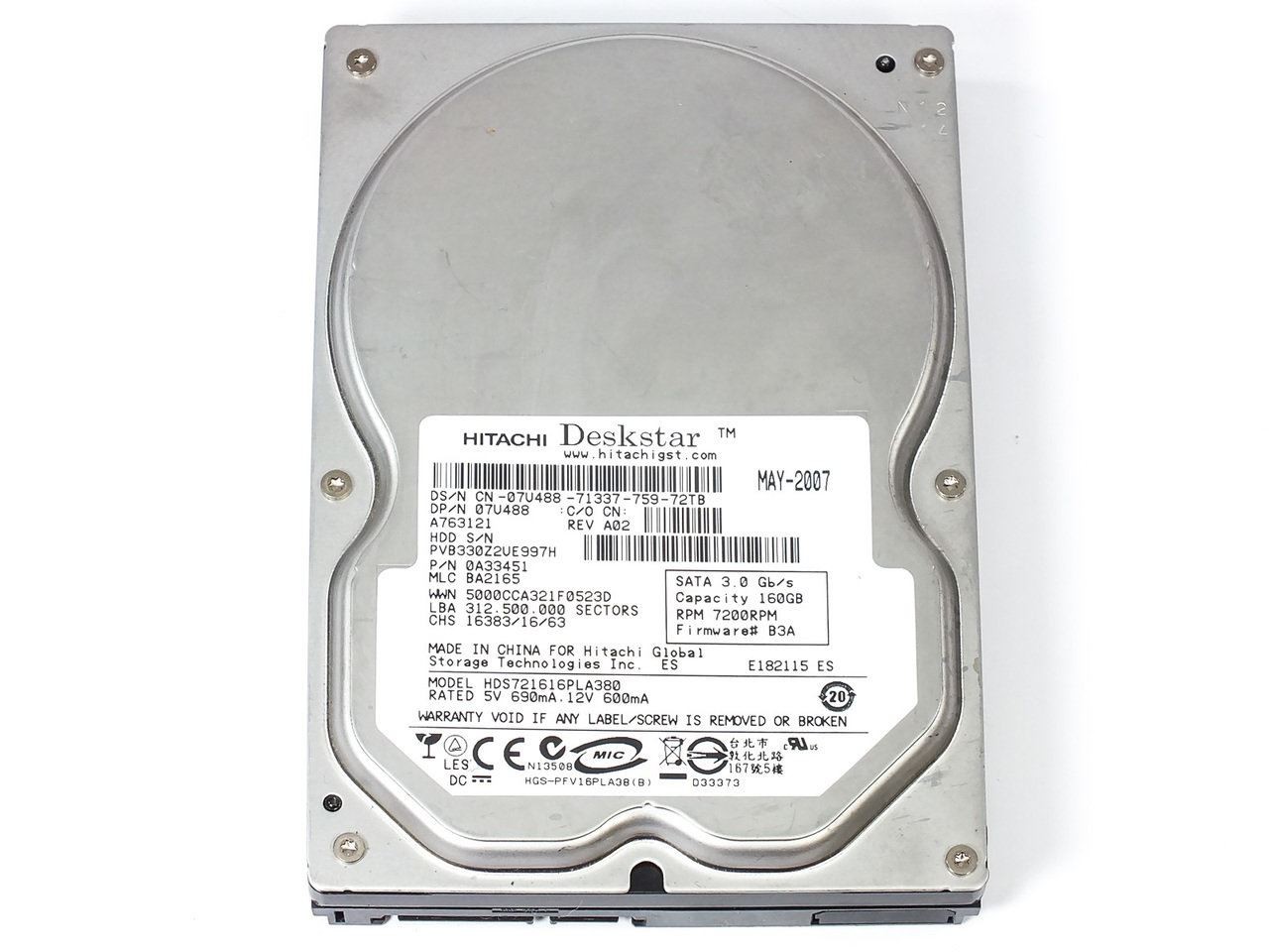 Hitachi Deskstar 0A33451 160GB 3.5" SATA 3Gb/s 7200RPM HDD HDS721616PLA380