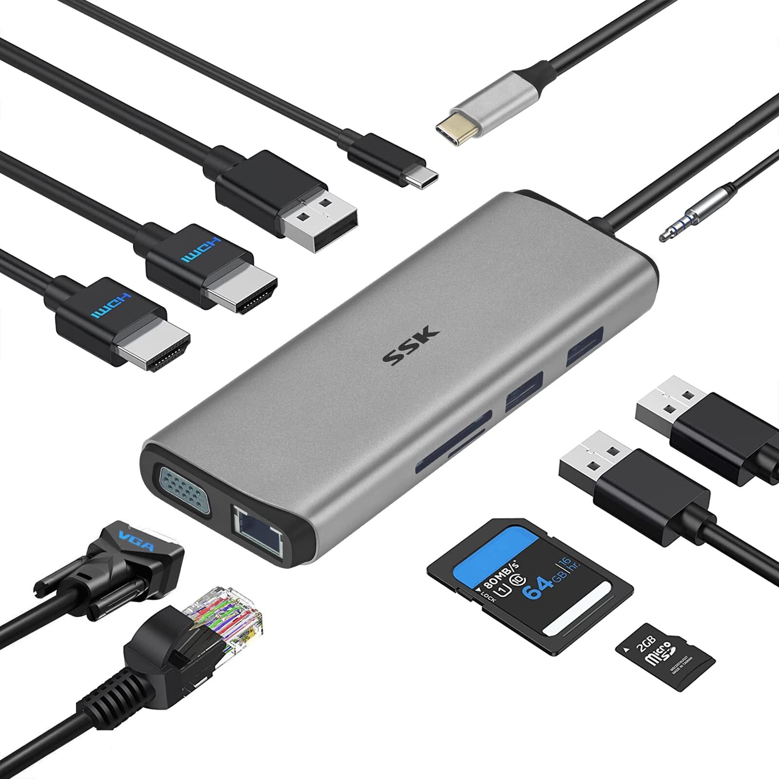 SSK USB C Docking Station 11 in 1 Triple Displays USB Dock Dual Monitor - Gray