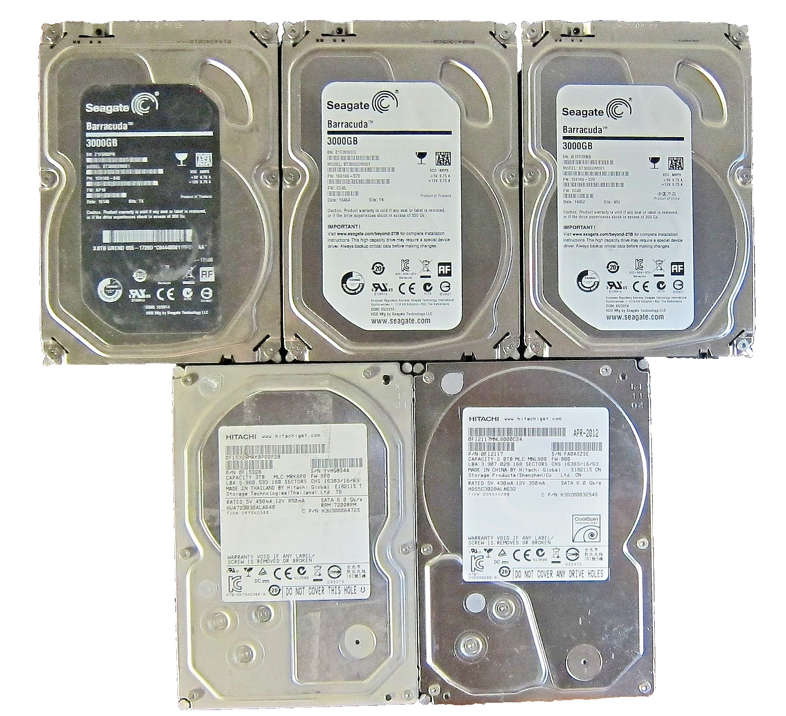 Lot of 5pcs Genuine Hitachi and Seagate 3TB 3.5" SATA Hard Drives