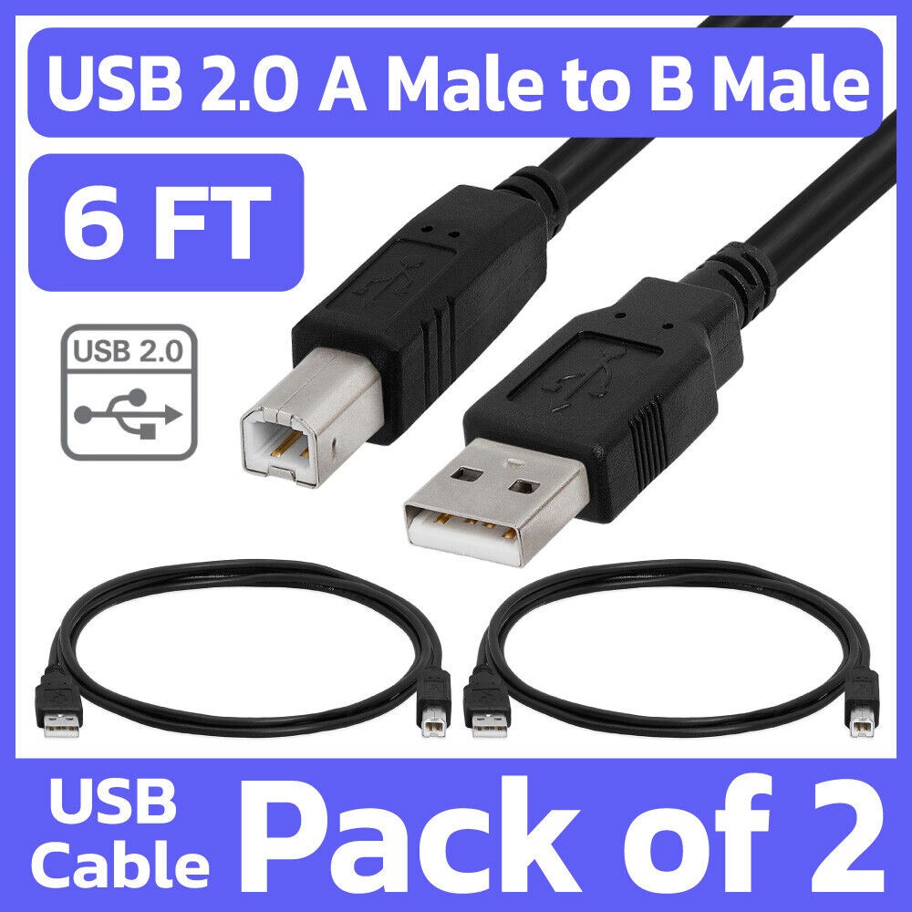 2 Pack Printer Cable 6ft USB 2.0 A Male to B Male Cord for HP Epson Canon Dell
