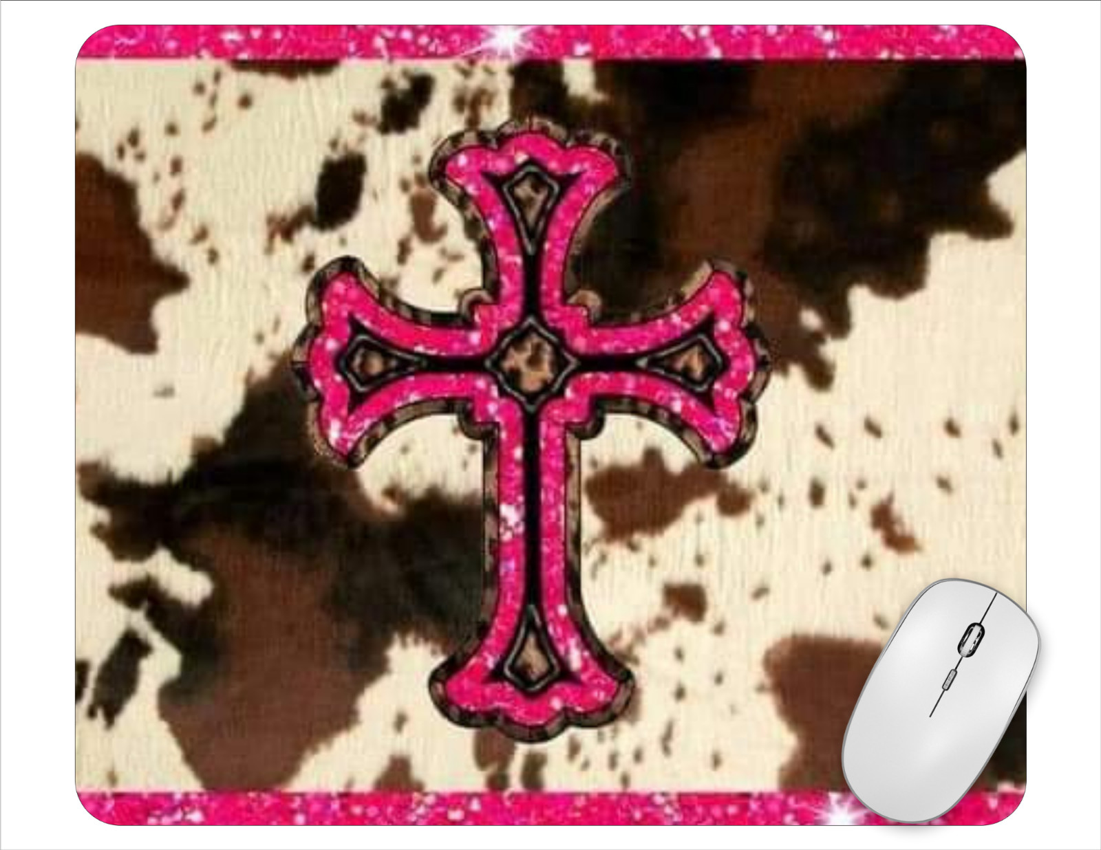 Cow Print Pink Cross Computer Non Slip Custom Mouse Pad Handmade 