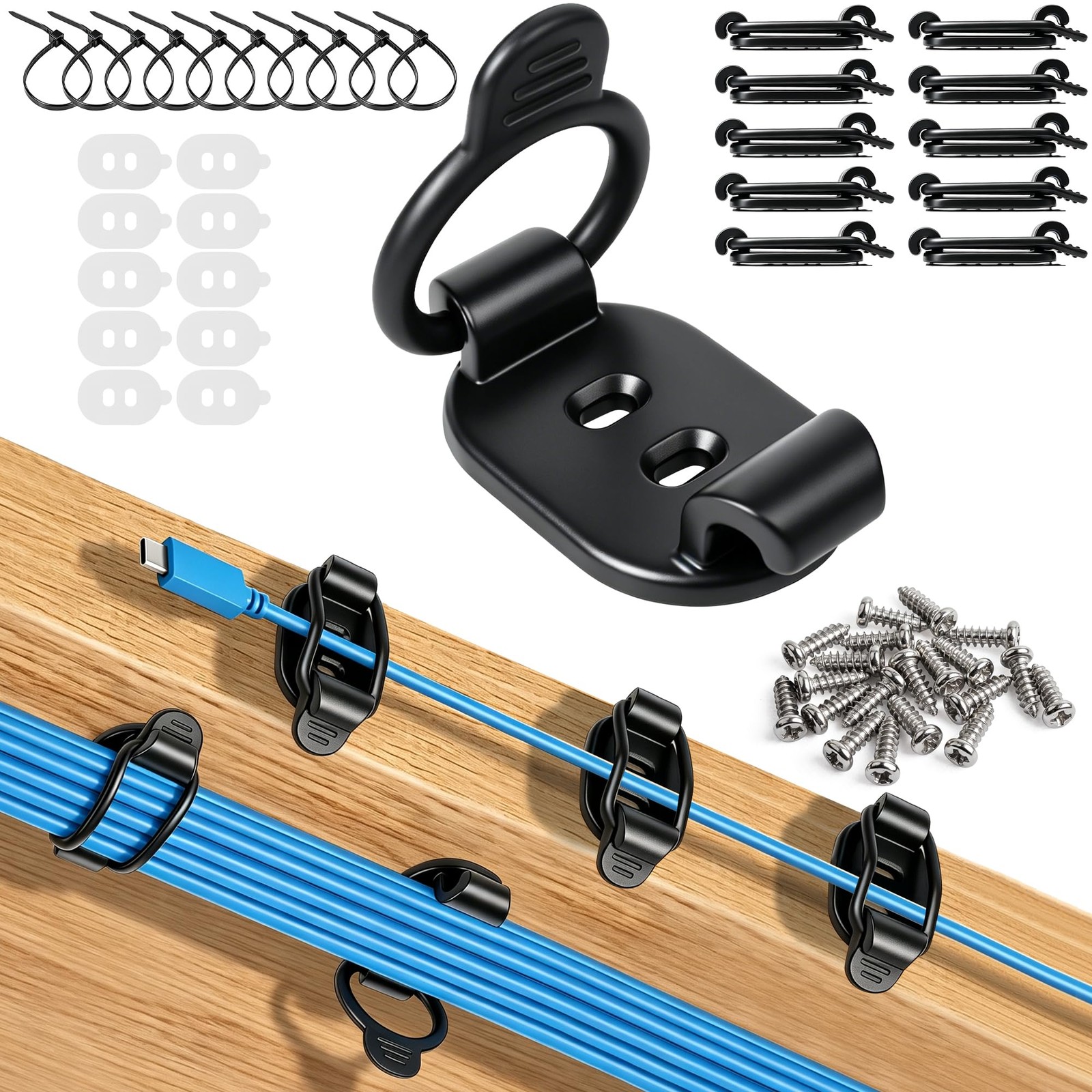 OneLeaf 10-Pack Adjustable Elastic Cable Clips, Cable Management, Black | Sel...