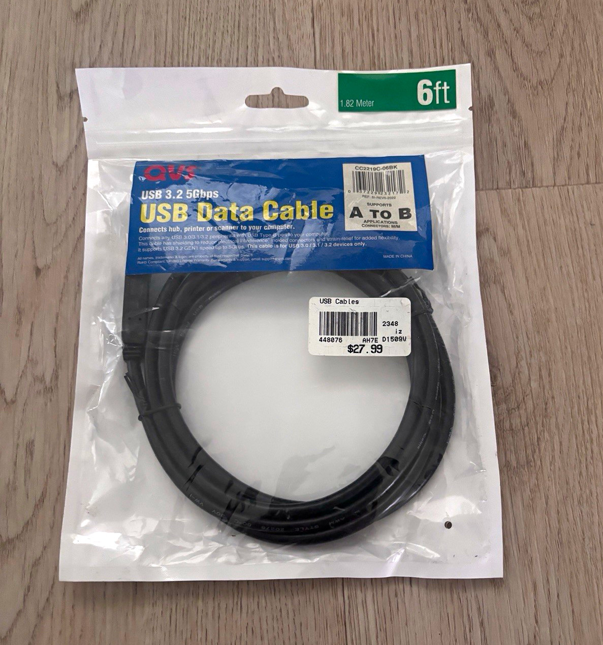 QVS USB 3.2 5Gbps USB-A to USB-B Round Cable 6ft Black CC2219C-06BK