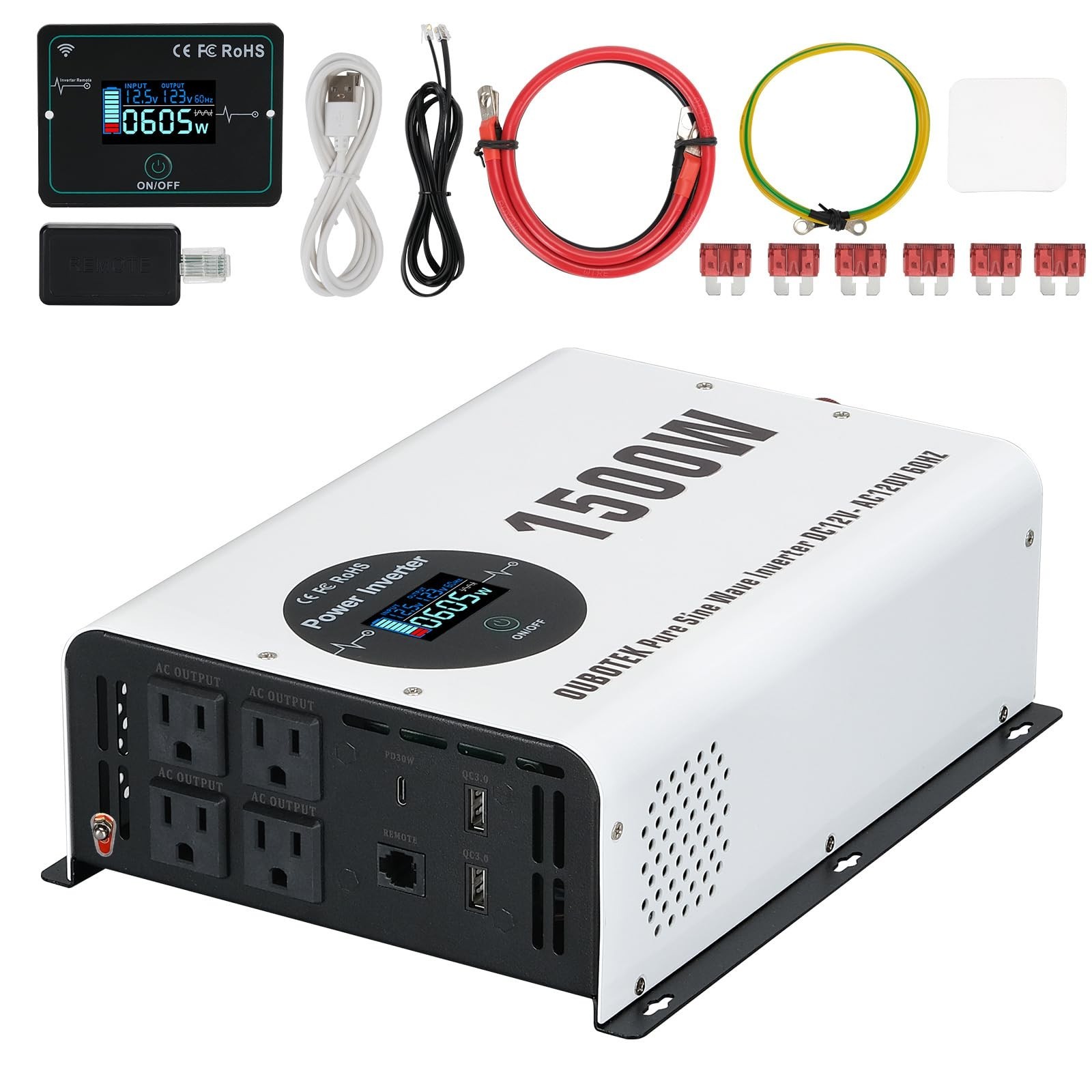 1500W Pure Sine Wave Power Inverter 12V to 120V AC 1500W-Wireless