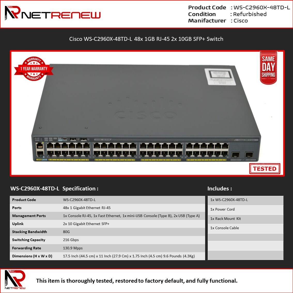 Cisco WS-C2960X-48TD-L Catalyst 48x 1GB RJ-45 2x 10GB SFP+ Switch
