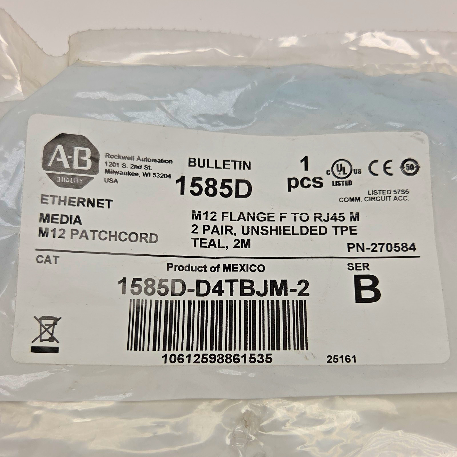 Allen-Bradley M12 to RJ45 Ethernet Patch Cable 2m Unshielded Teal 1585D-D4TBJM-2