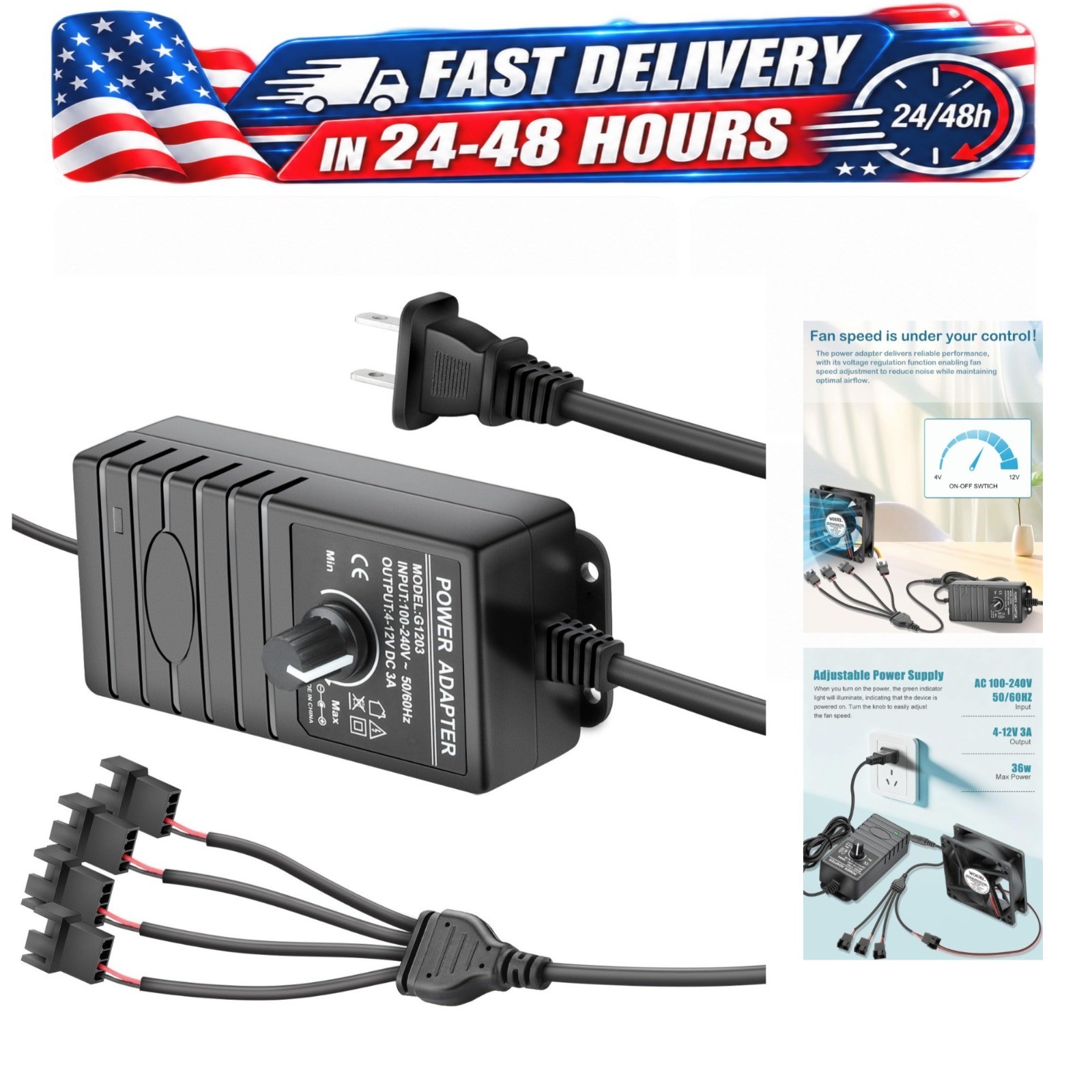 WDERAIR 12V Fan Controller 36W Adjustable Speed + 4-Port Splitter Cable