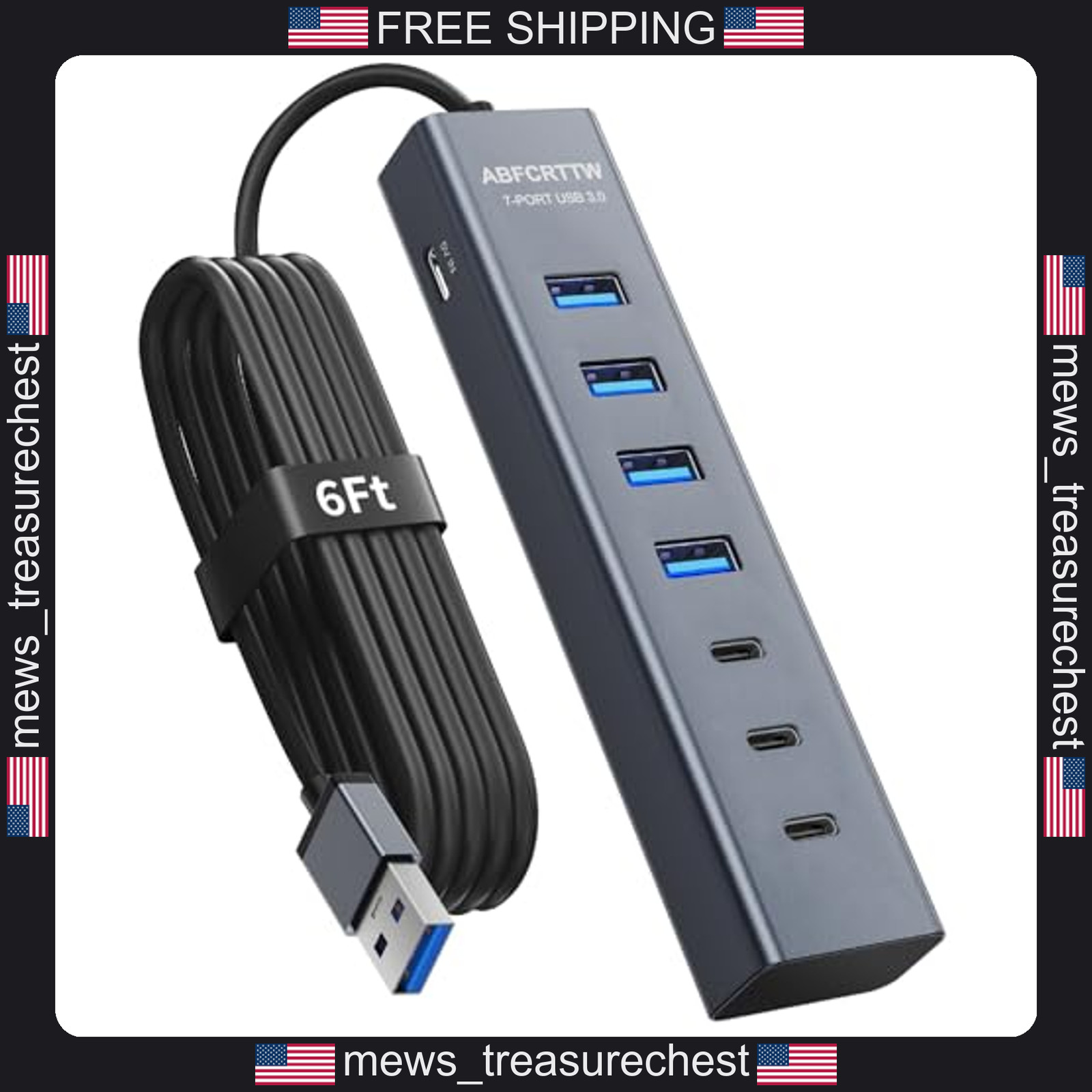 USB Hub 7 Ports Aluminum 3.0 with 6Ft Cable for Desktop, USB-A & C