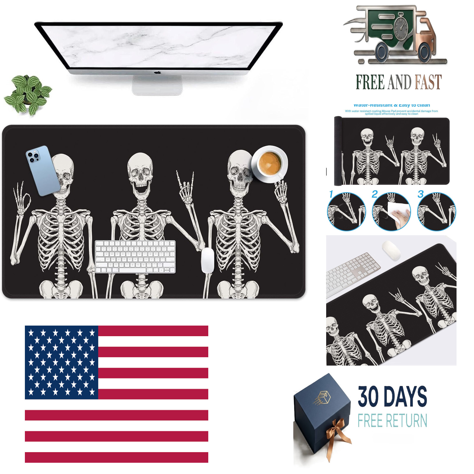 Large Mouse Pad, Mouse Pad, 31.5 x 15.7 Inch, Skull Black