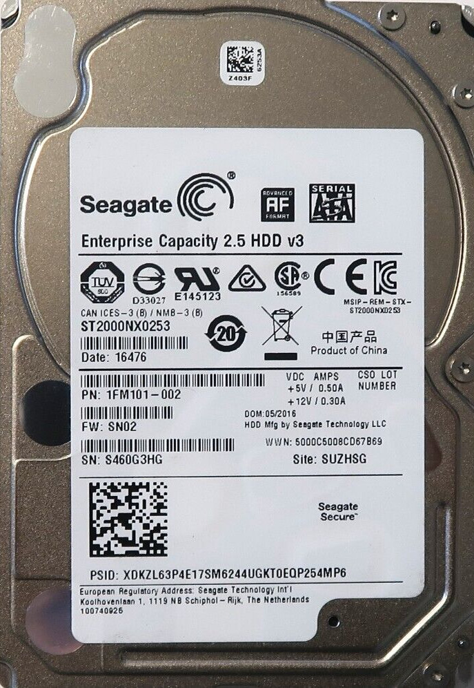 Seagate ST2000NX0253 1FM101-002 SN02 (S460) SUZHSG China 2TB 2.5" Sata 05/2016