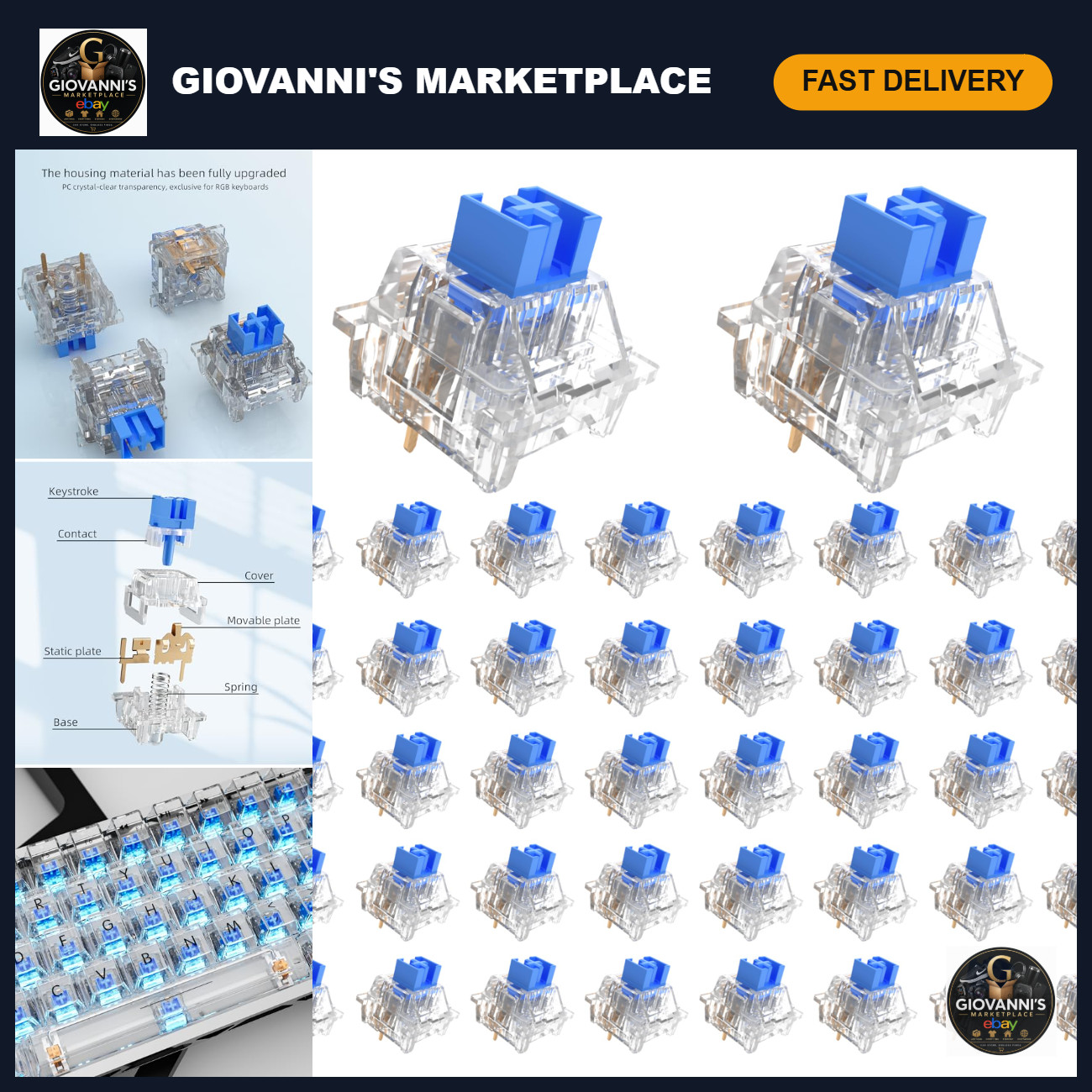 90 Pcs Crystal Blue Keyboard Switches for 3D Printing, Clicky Mechanical Keycaps