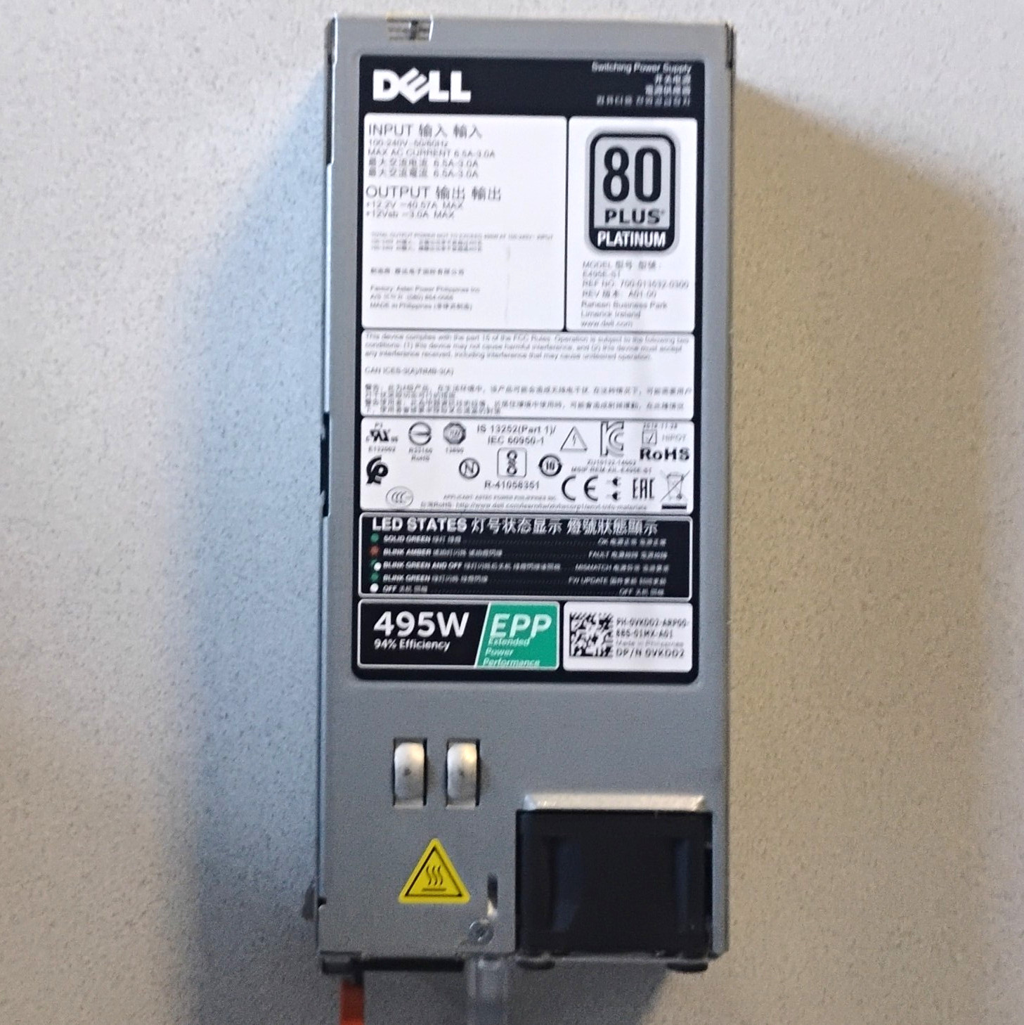 Dell EPP 495W 80 Plus Platinum Hot Plug Power Supply E495E-S1 0VKDD2