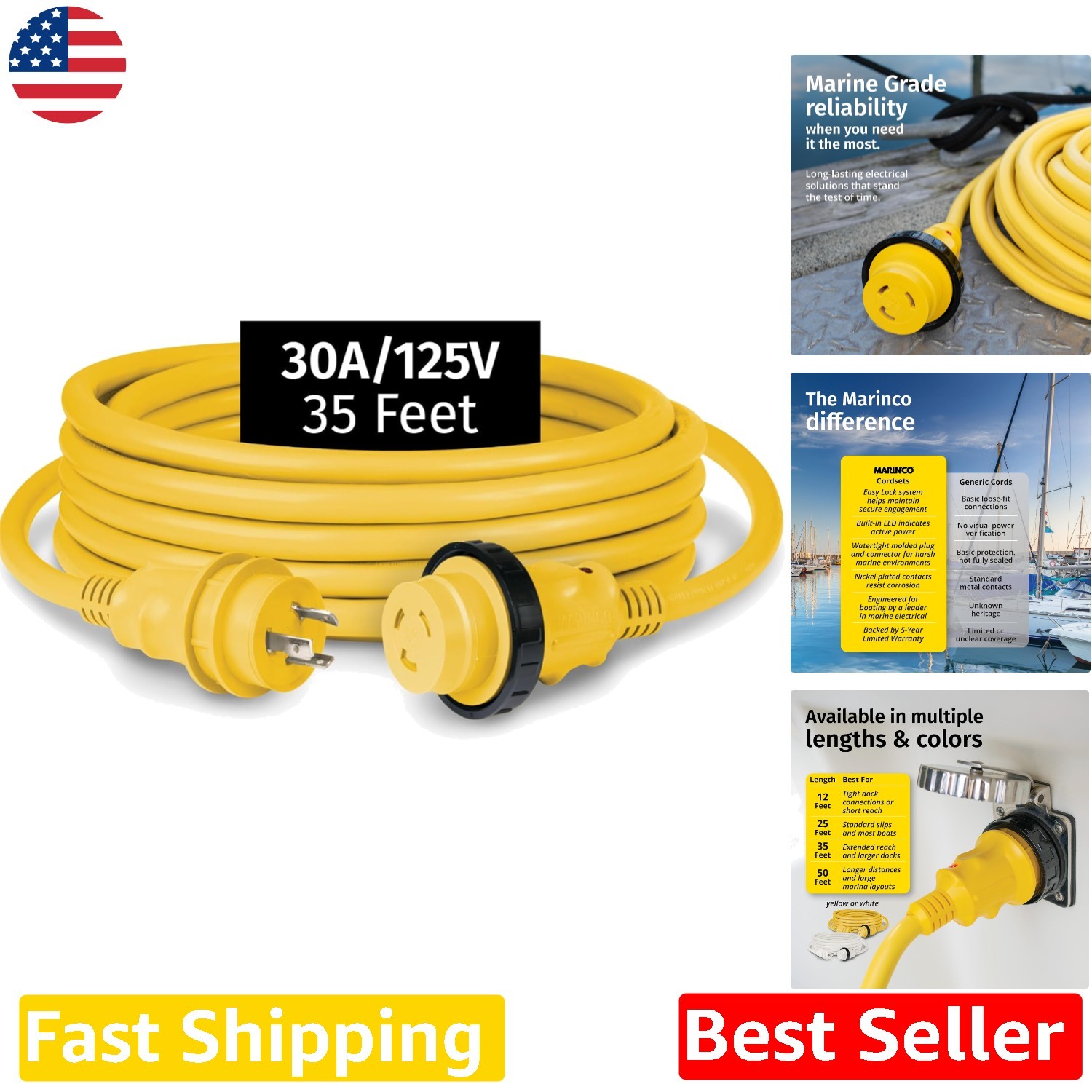 Heavy Duty 35' Yellow 30A 125V Marine Shore Power Cord - Flexible Cable