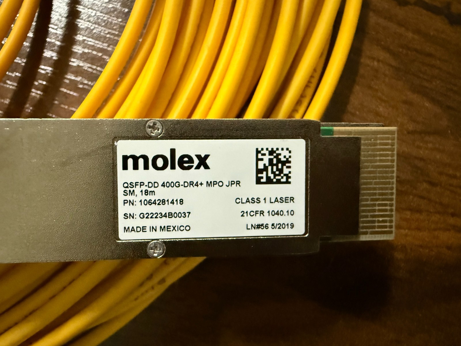 Molex QSFP-DD 400G-DR4+ MPO JPR SM 18m Cable P/N 1064281418