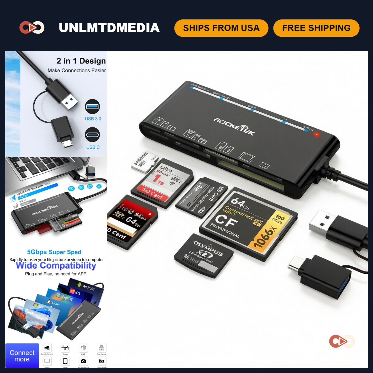 7-in-1 USB C Memory Card Reader, USB 3.0 SD CF XD MS Compatible Adapter