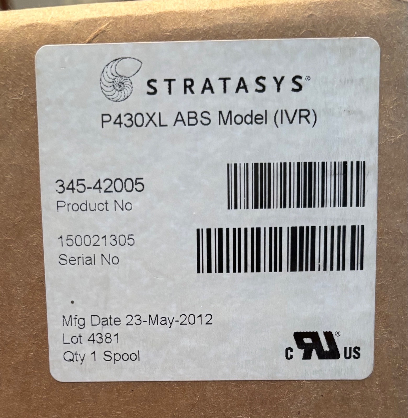 Stratasys P430 XL ABS (IVR) 42ci Spool, PN 345-42005 - See note -  