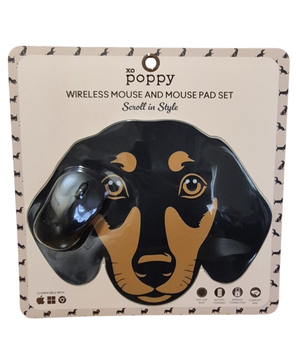 XO Poppy Dachshund Wireless Mouse and Mouse Pad Set Dog Black Tan Novelty NIB