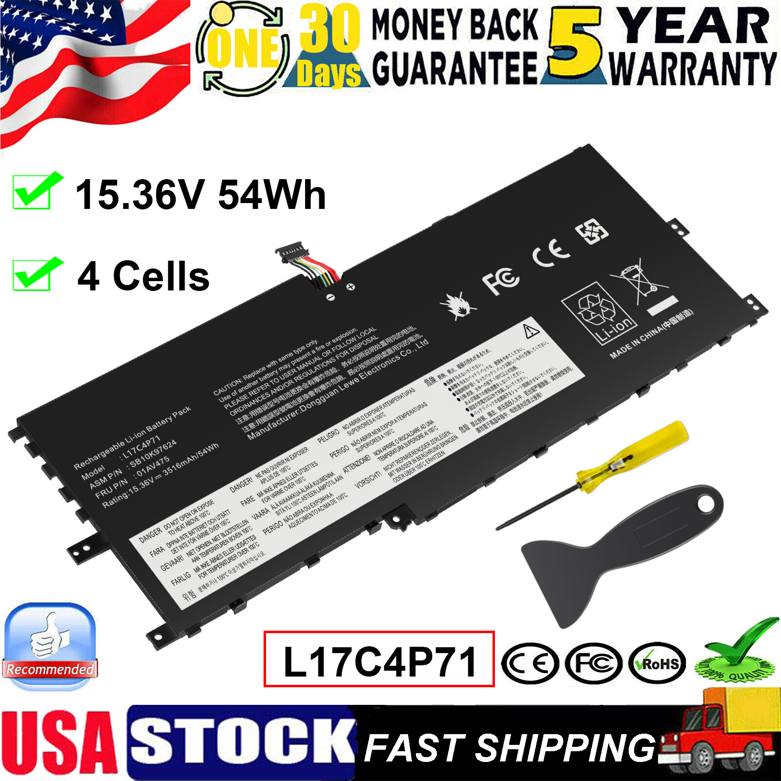 L17C4P71 Battery for Lenovo ThinkPad X1 Yoga 3rd Gen 01AV475 L17M4P73 SB10K97623