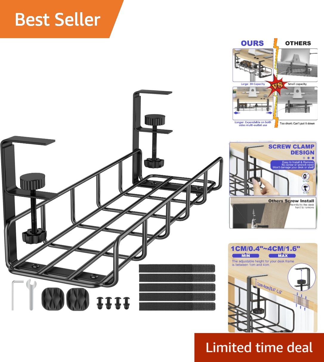 Elegant No Drill Cable Management Tray, Black Steel - 15.7” Compact Design
