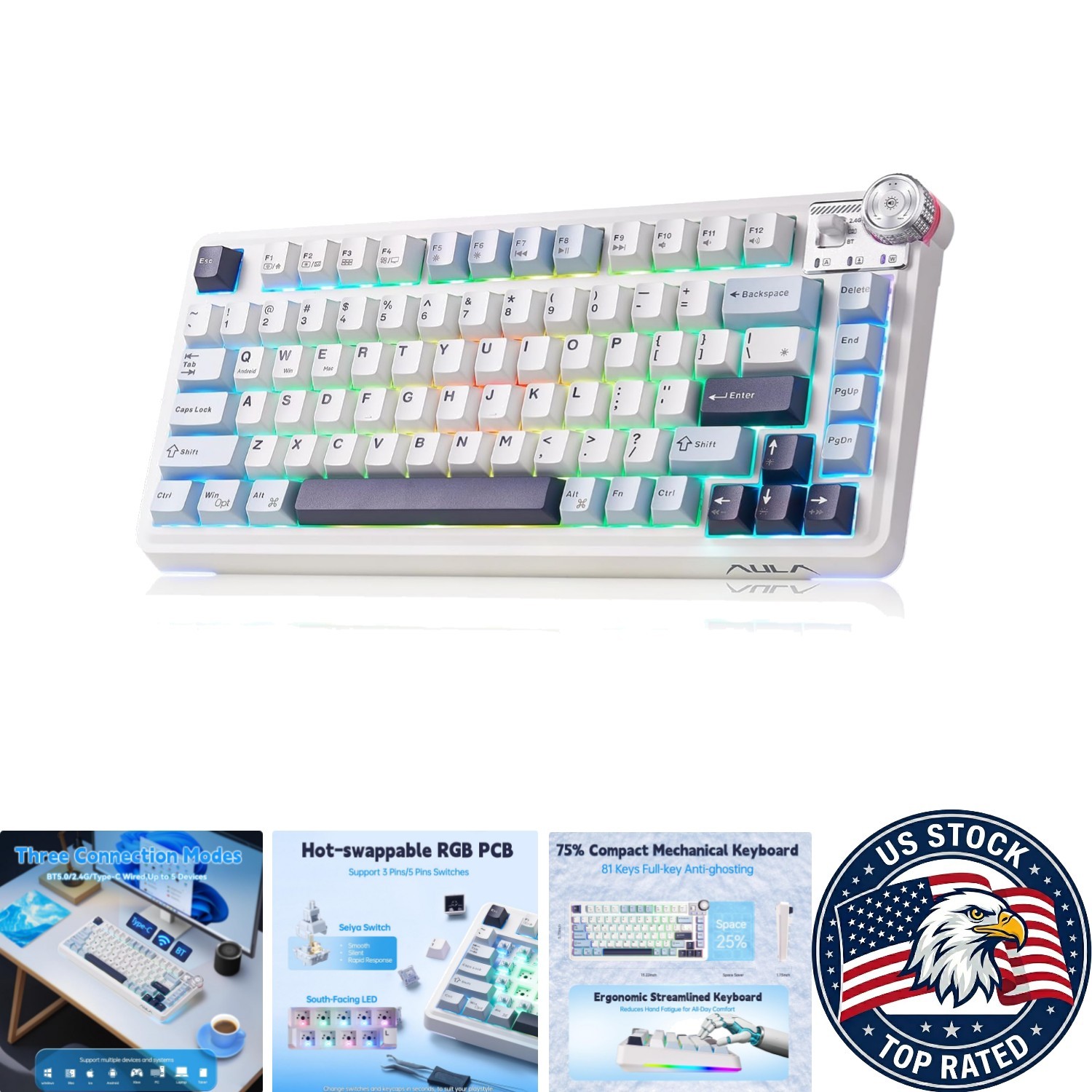Ergonomic 75% Hot-Swap Gaming Keyboard - Aula AU75 with RGB Illumination