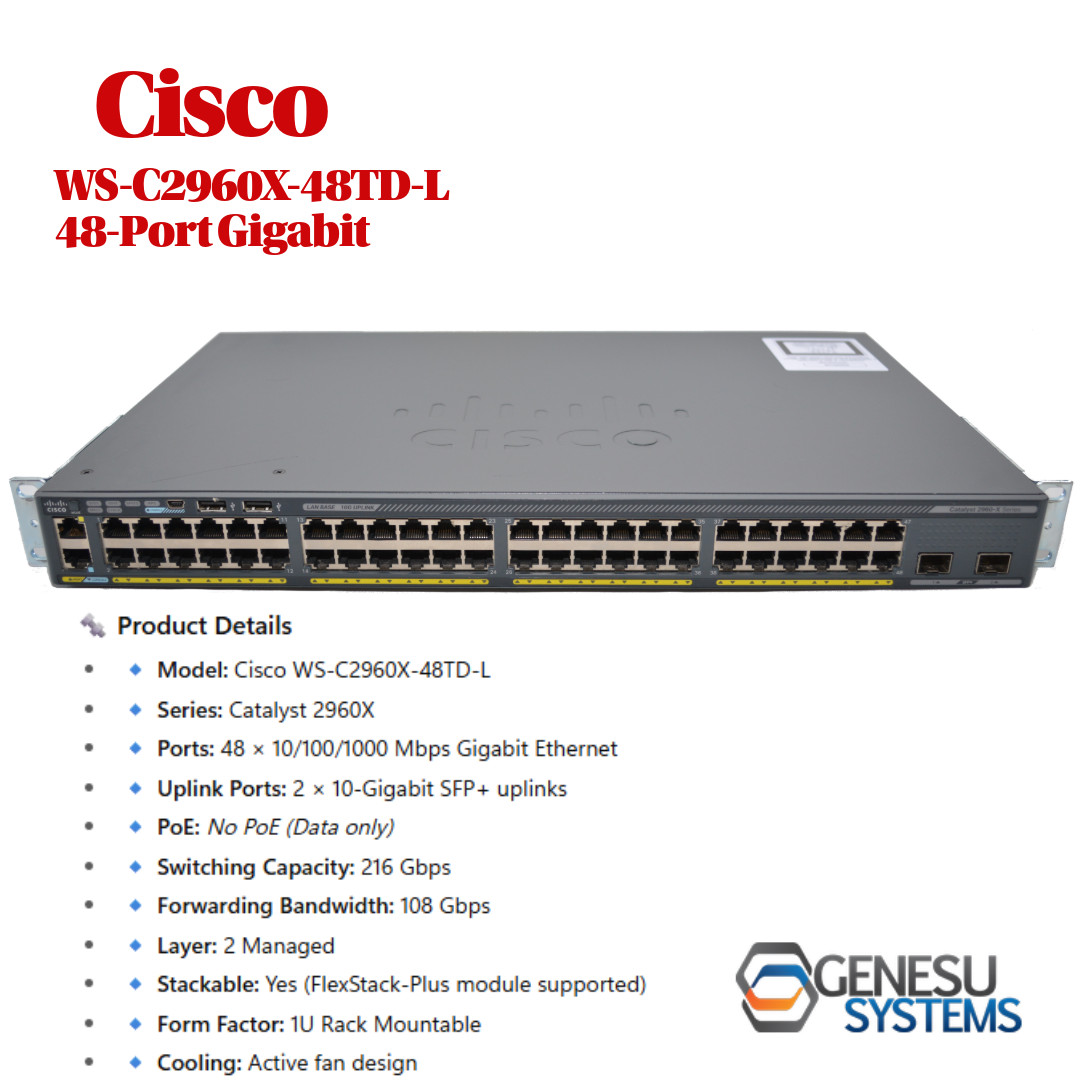 Cisco WS - C2960X - 48TD - L - 48 - Port Gigabit Switch w/ Rack Mount Brackets
