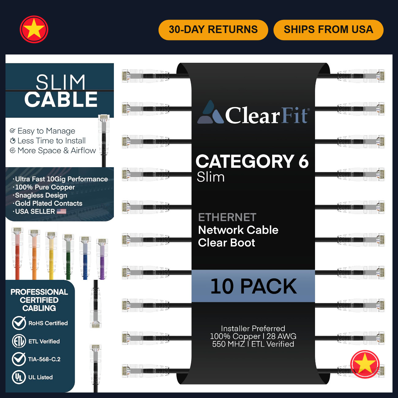 Slim 10-Pack Cat6 Ethernet Cable 2ft, 28AWG High-Speed LAN Patch Cord, Data Cent