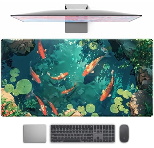 Koi Fish Desk Mat Gaming Koi Pond Desk Pad Large Cute Mouse Pad, Goldfish Mouse