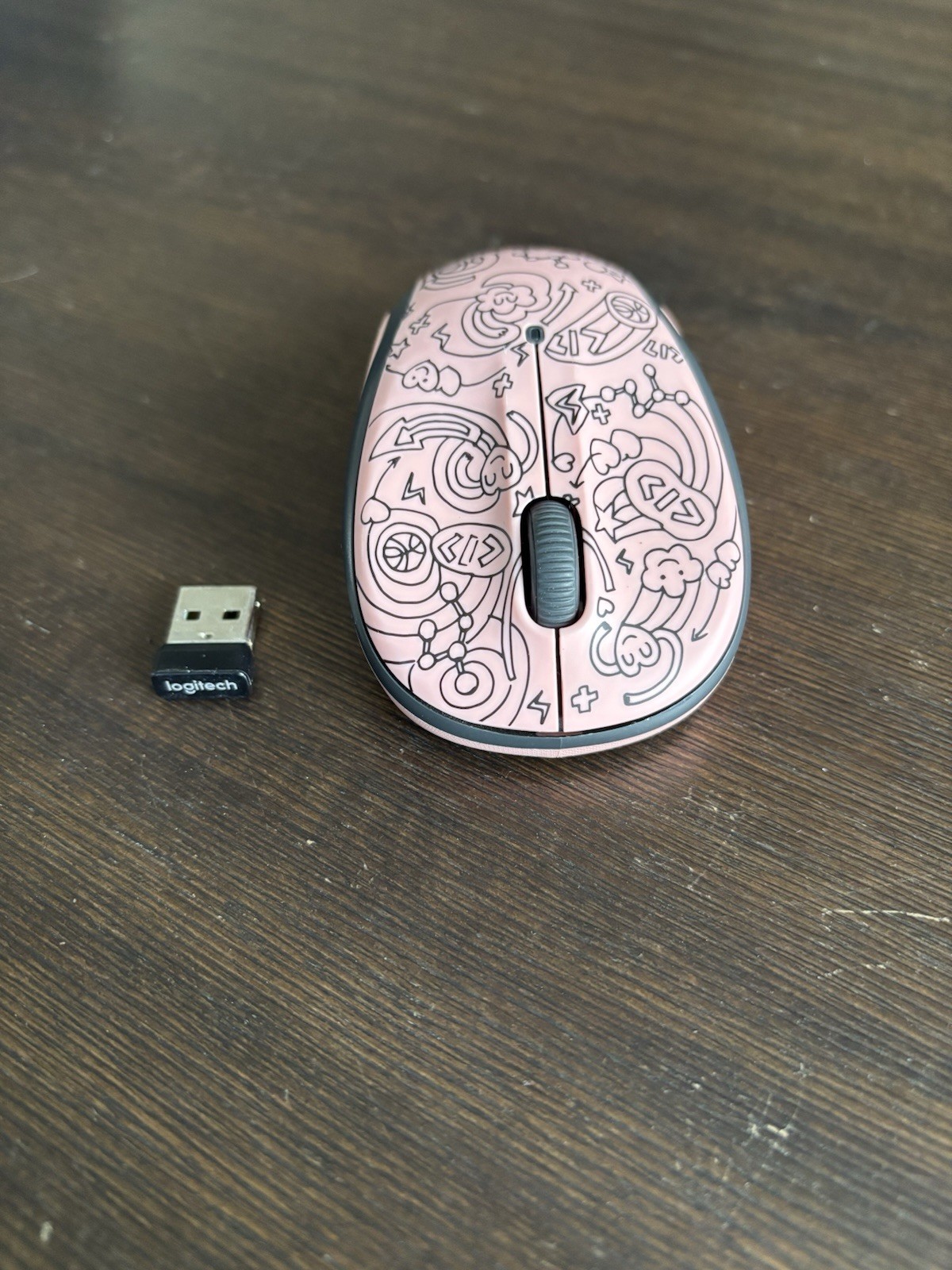 Logitech M325 M325c Wireless Optical Mouse + Dongle PINK DOODLE BRAINSTORM PEACH