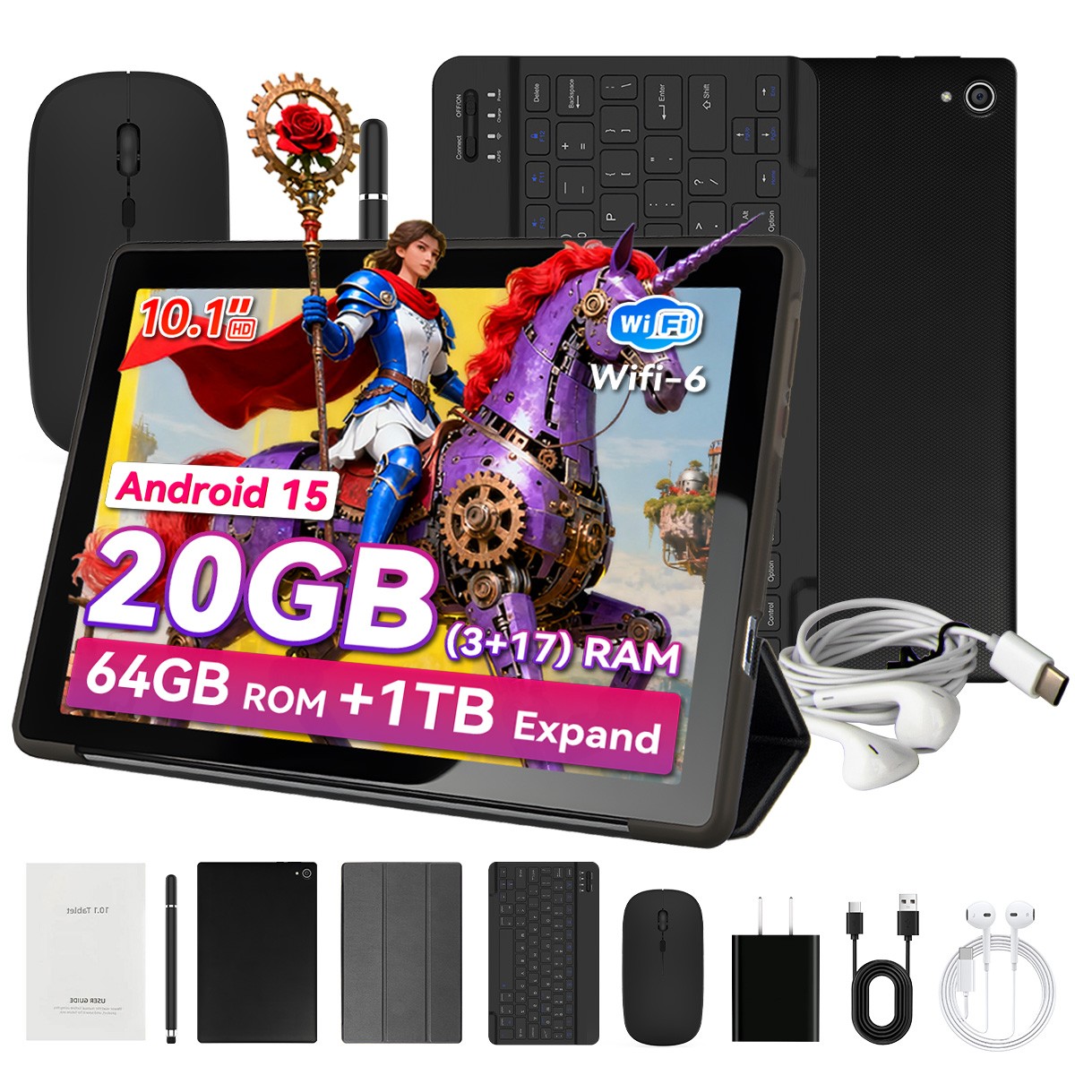 2026 10 inch Android 15 Tablet 20GB RAM 64GB ROM 1TB Expandable WIFI Dual Camera