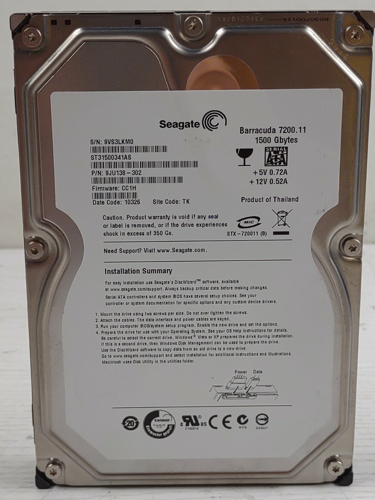 ST31500341AS,  TK, PN 9JU138-302, FW CC1H, Seagate 1.5TB SATA 3.5 Hard Drive