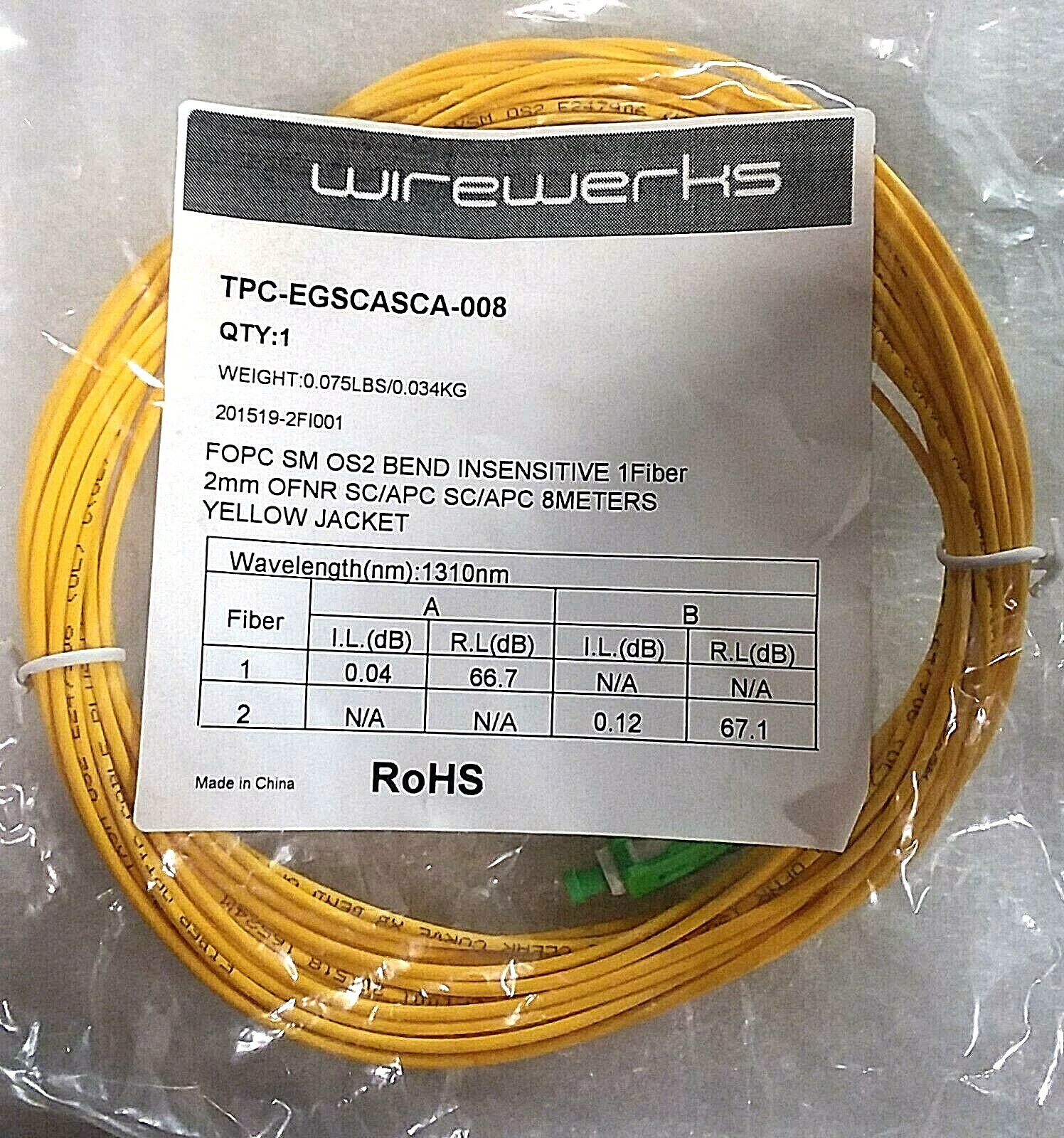 Wirewerks FOPC SM SX BIF, OFNR, SC/APC-SC/APC, 8 m; Part #TPC-EGSCAPC/SCAPC-008