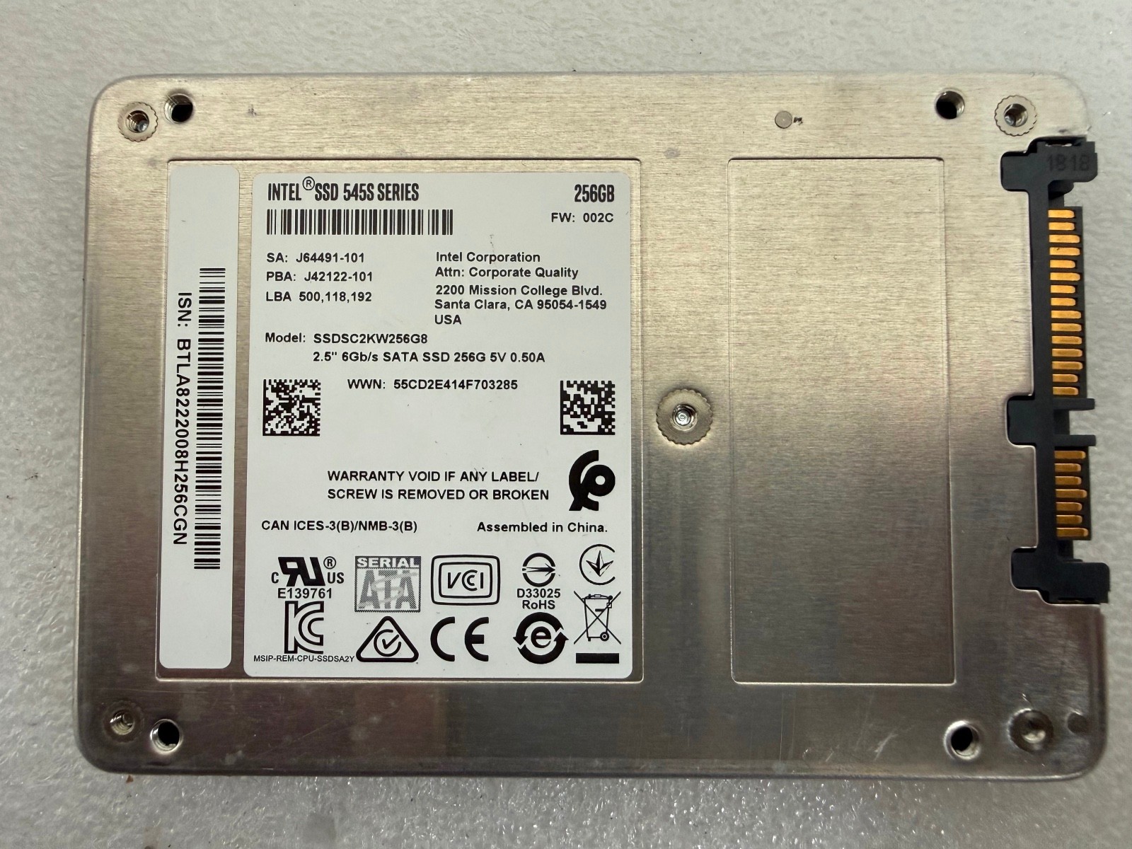 Intel 545s Series 256GB SATA III 2.5-inch SSD Model SSDSC2KW256G8