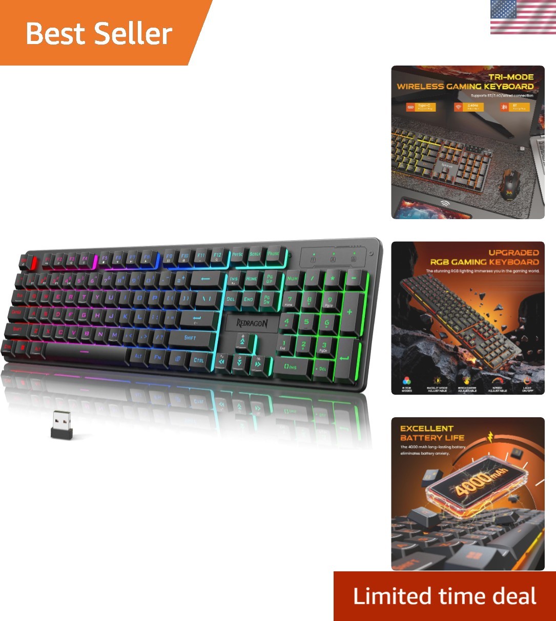 Elite K521KS Wireless Gaming Keyboard - Mechanical Feel & 12 Multimedia Keys