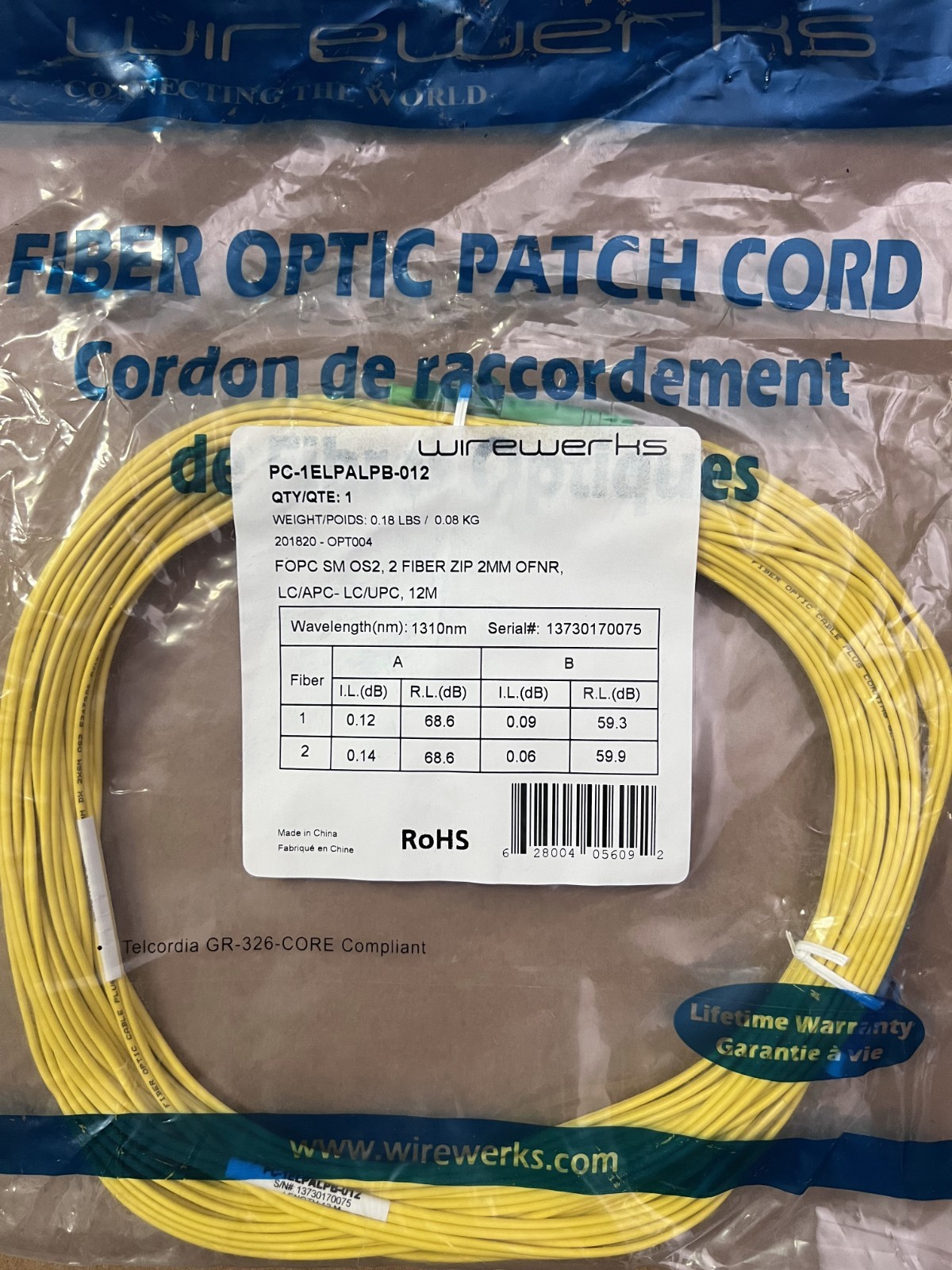 Wirewerks PC-1ELPALPB-012 LC/APC to LC/UPC OS2 Single Mode Fiber Patch Cable 12M